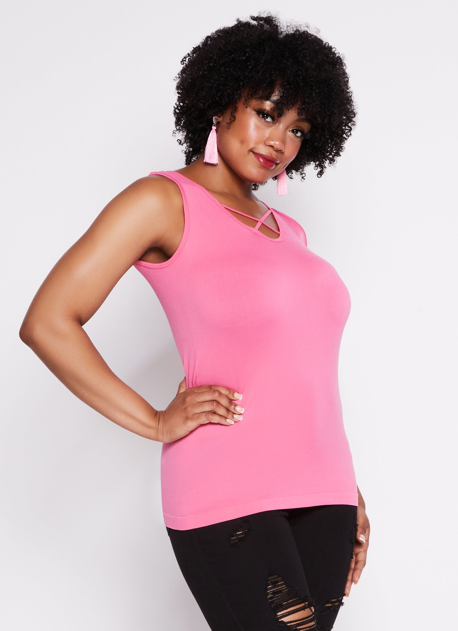 Womens Plus Size Criss Cross Tank Top, Pink, Size 1X-2X