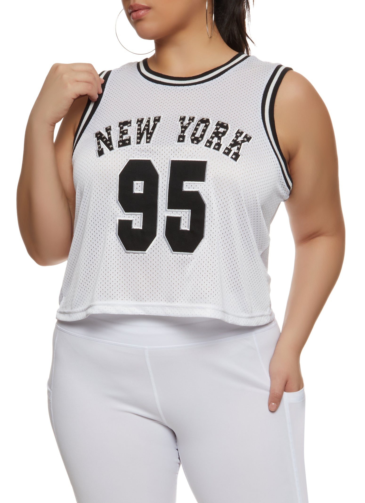 Womens Plus Size Studded New York 95 Basketball Jersey, White, Size 3X