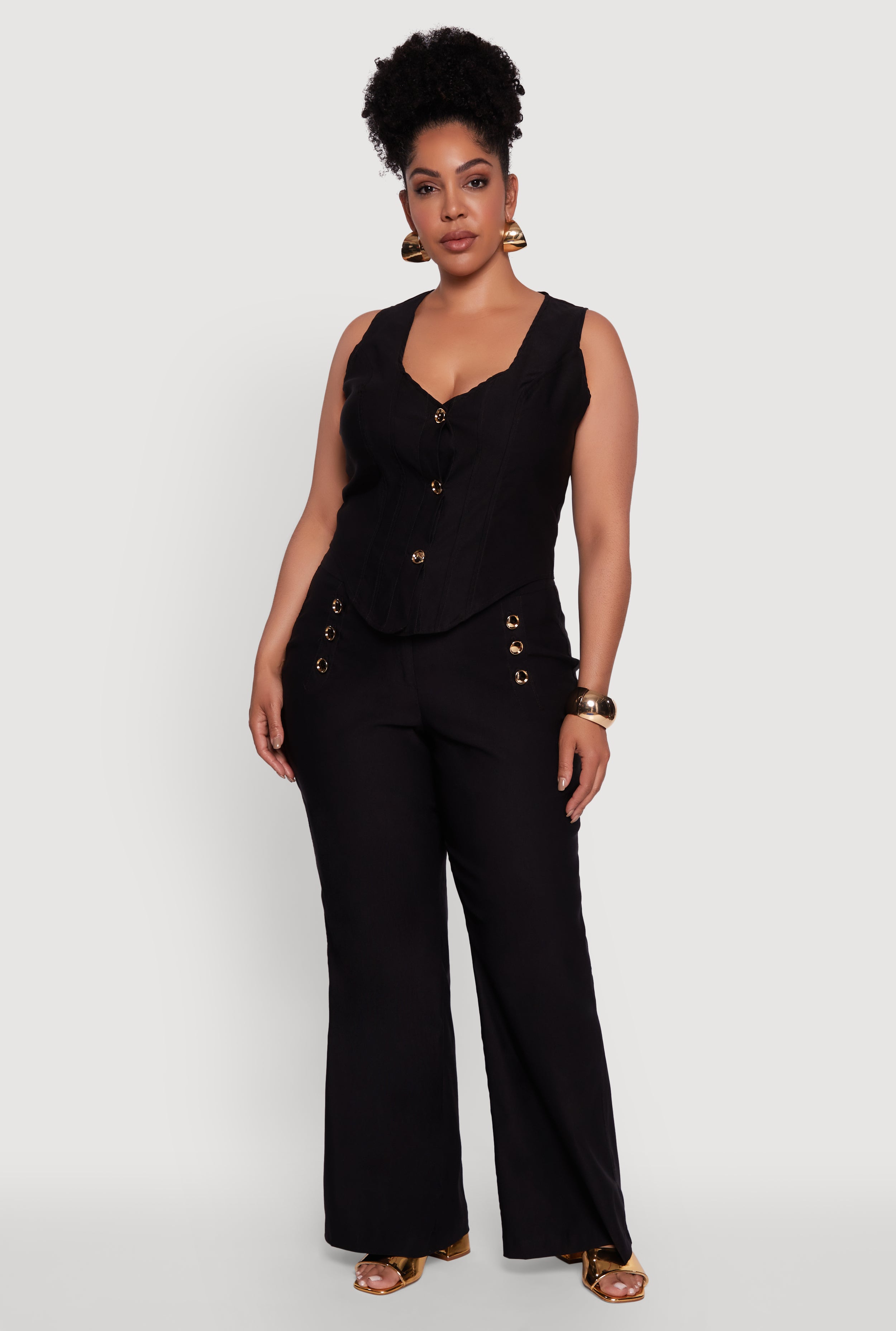 Womens Plus Size Wide Leg Sailor Pants with Faux Buttons, Black, Size 3X