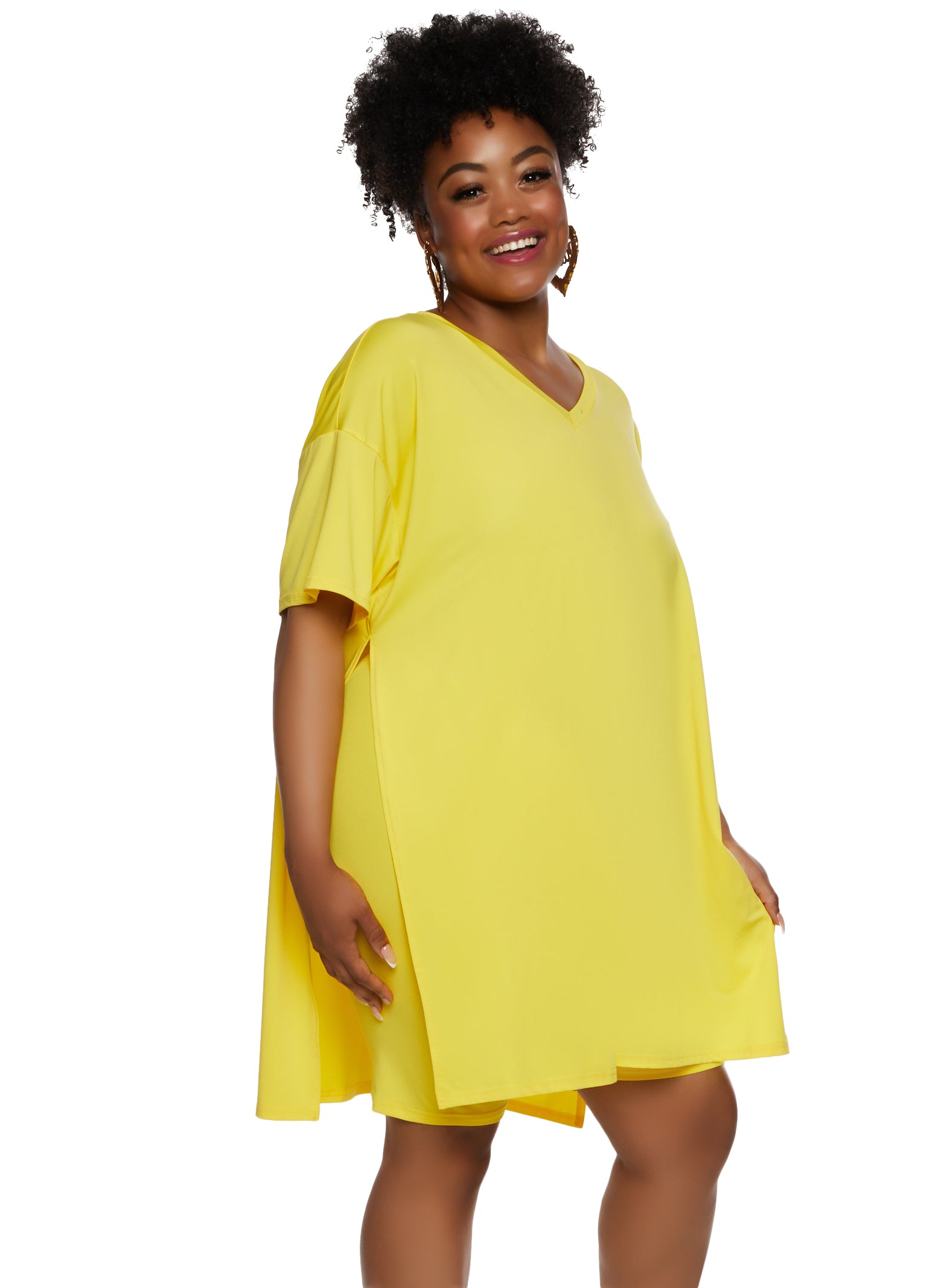 Womens Plus Size Daisy Side Slit Oversized Tee, Yellow, Size 1X