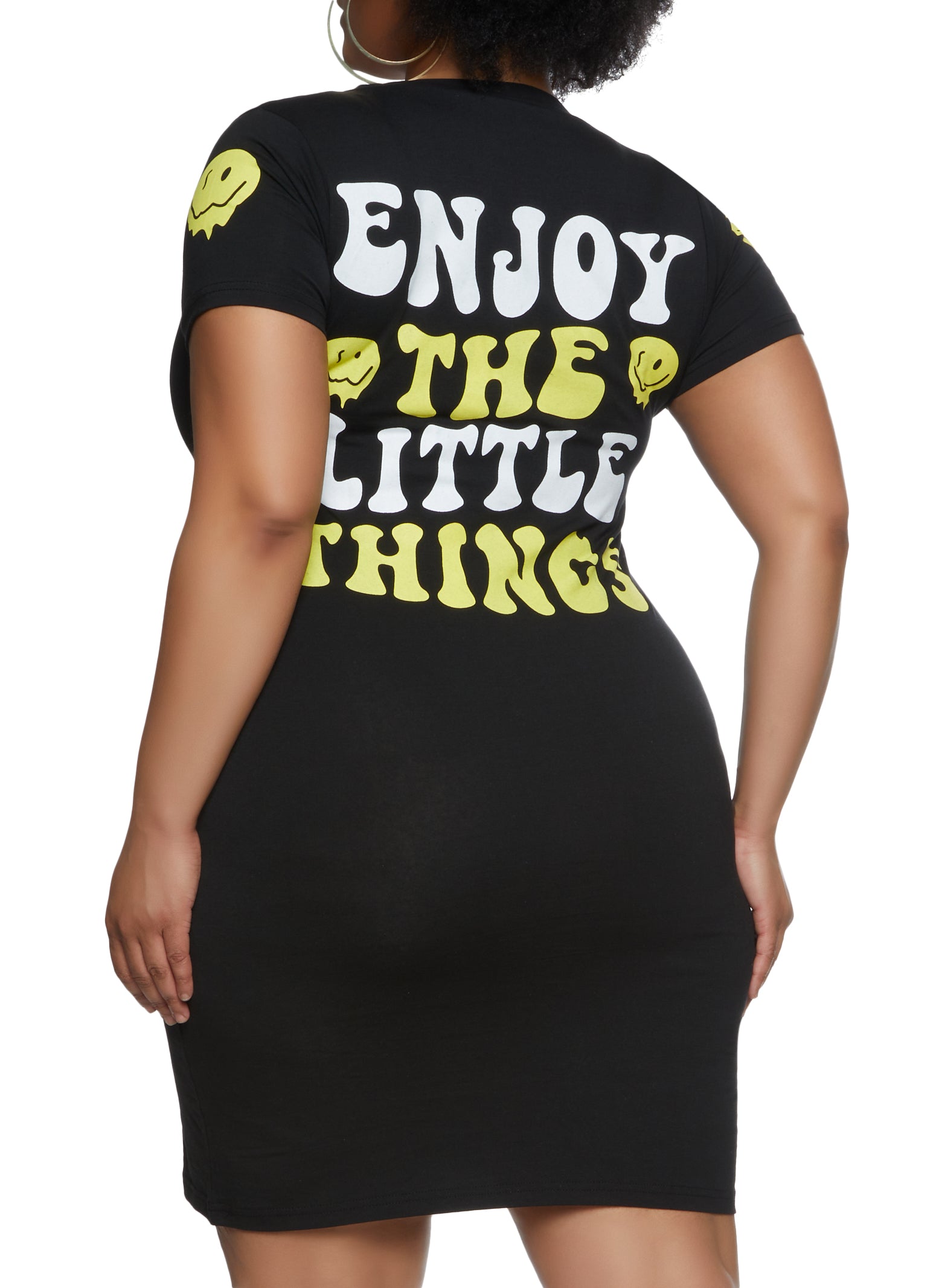 Womens Plus Size Enjoy The Little Things Smiley T Shirt Dress, Black, Size 2X