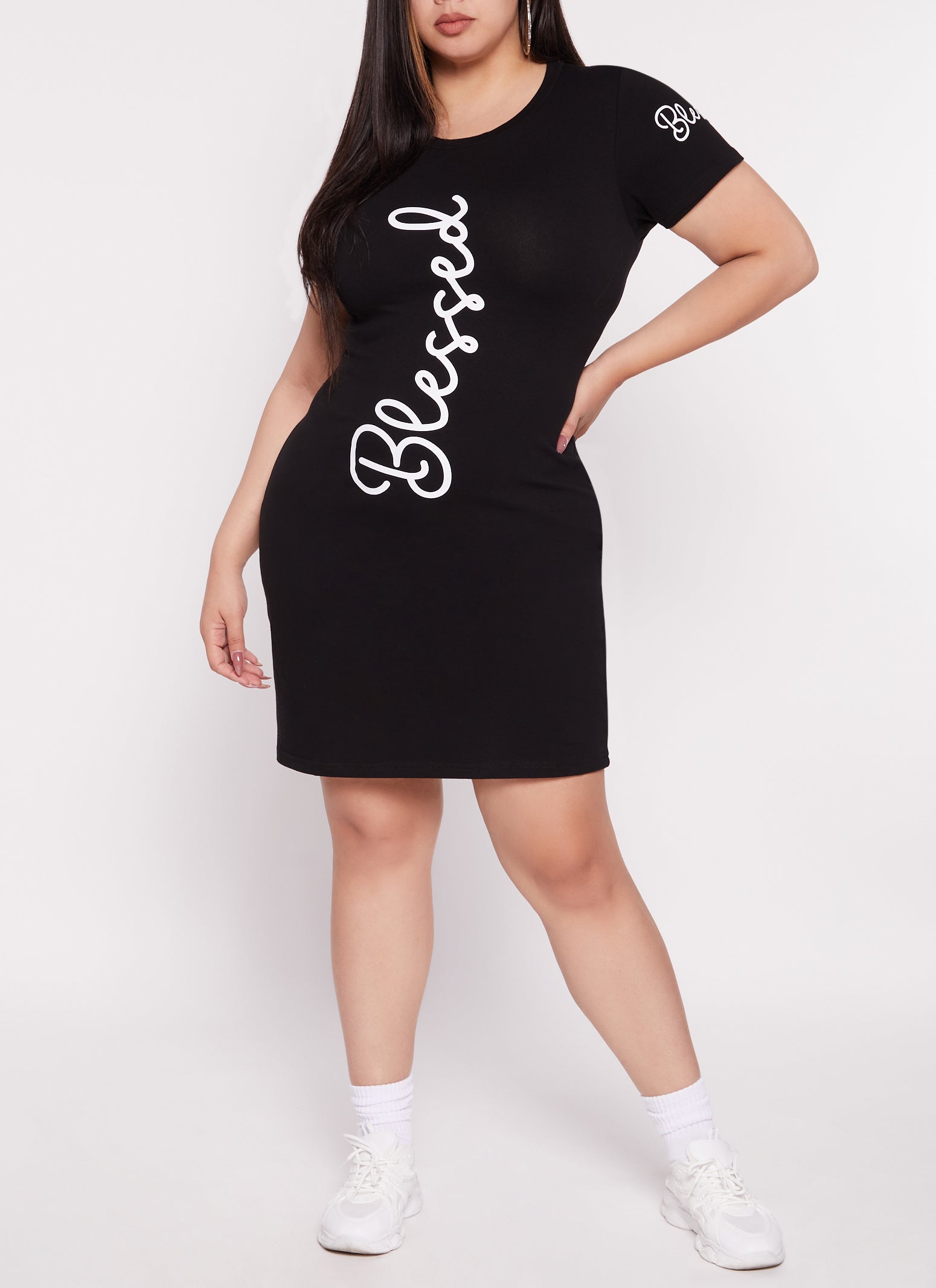 Womens Plus Size Blessed Graphic Crew Neck T Shirt Dress, Black, Size 1X