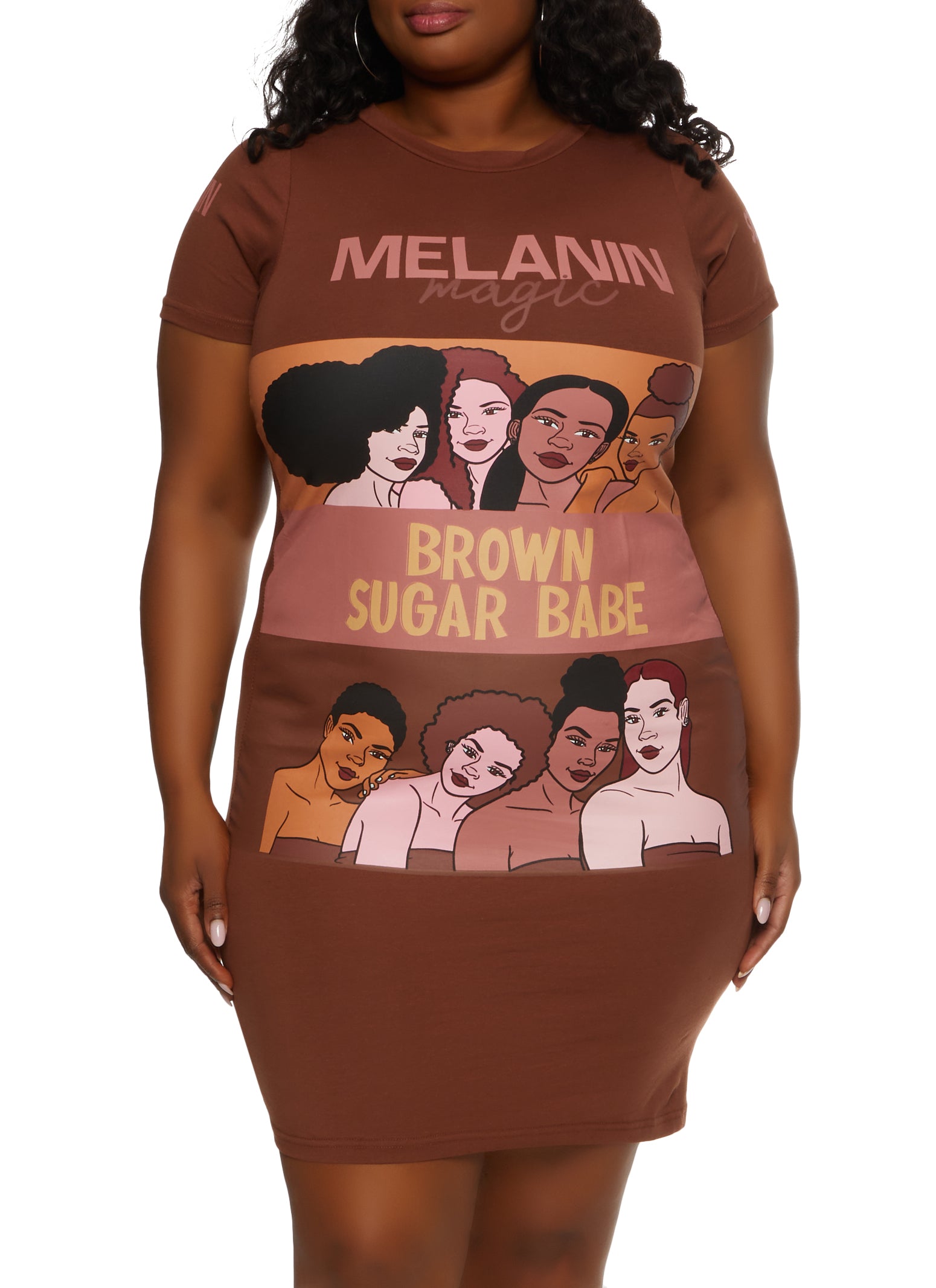 Womens Plus Size Melanin Magic Brown Sugar Babe Graphic T Shirt Dress, Brown, Size 1X