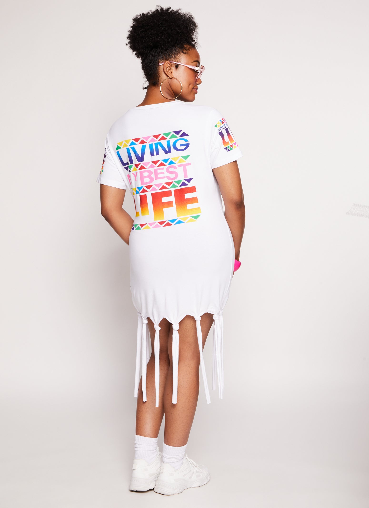 Womens Plus Size Living My Best Life Fringe T Shirt Dress, White, Size 2X