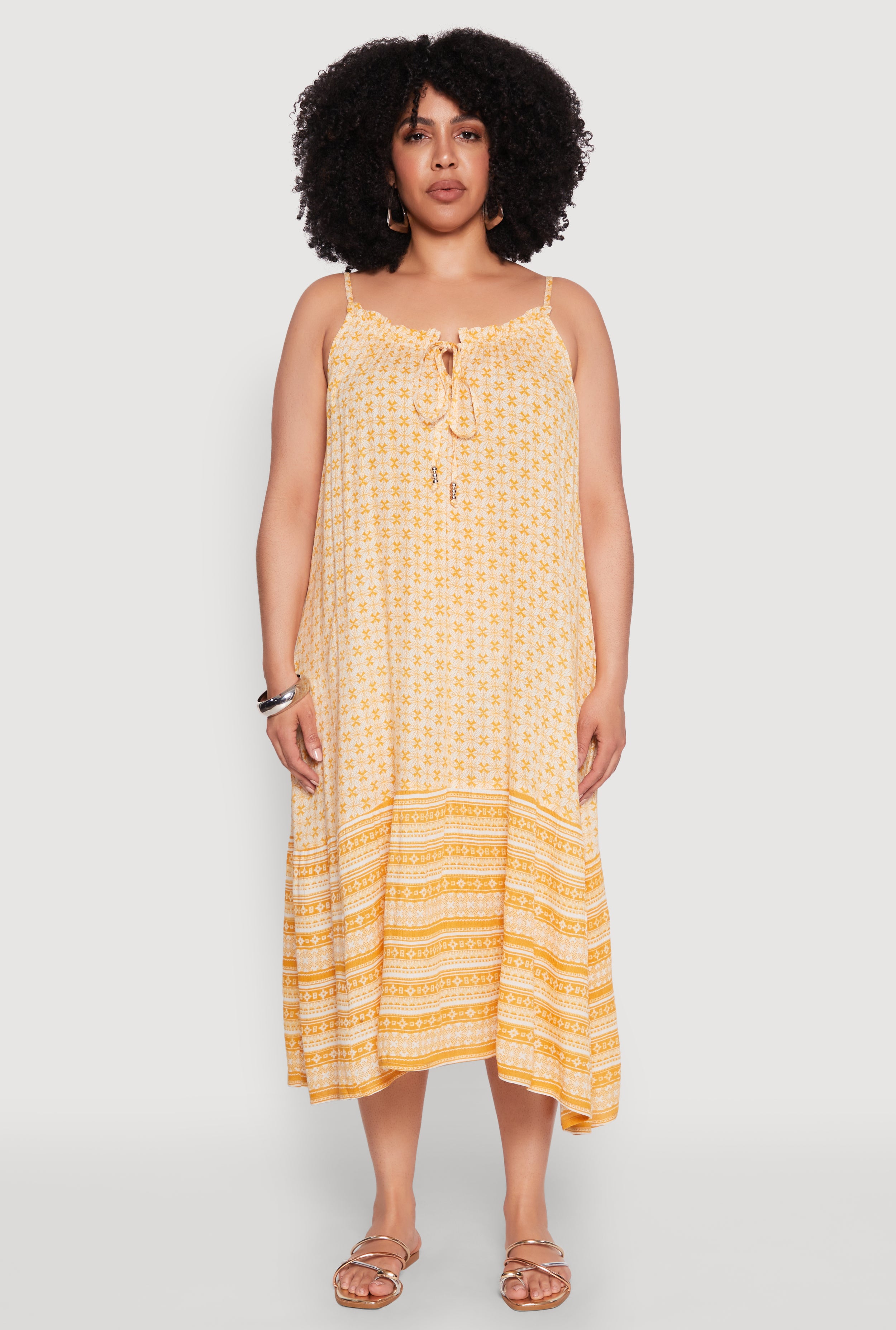 Womens Plus Size Border Print Keyhole Maxi Dress, Yellow, Size 1X