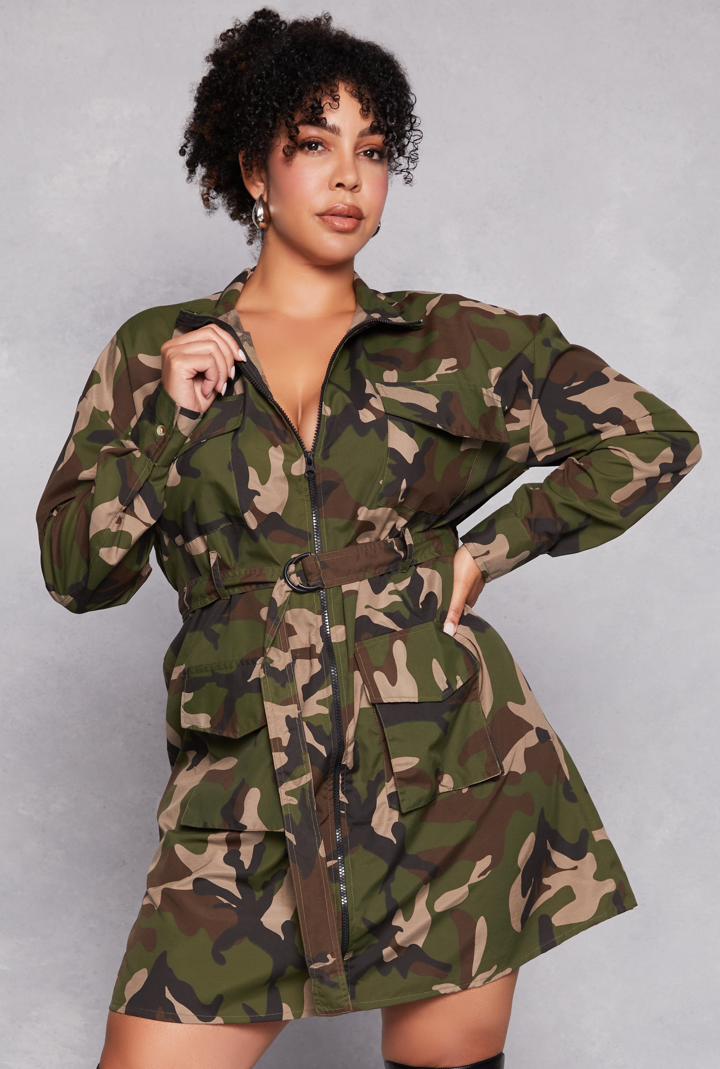 Womens Plus Size Camo Cargo Tie Waist Belted Dress, Green, Size 2X