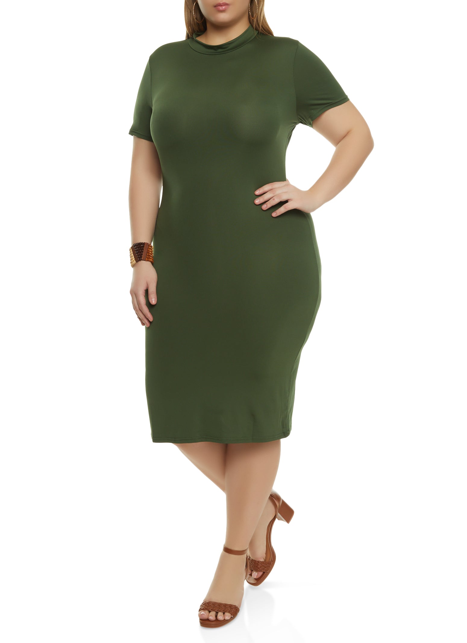 Womens Plus Mock Neck Short Sleeve Midi Dress, Green,