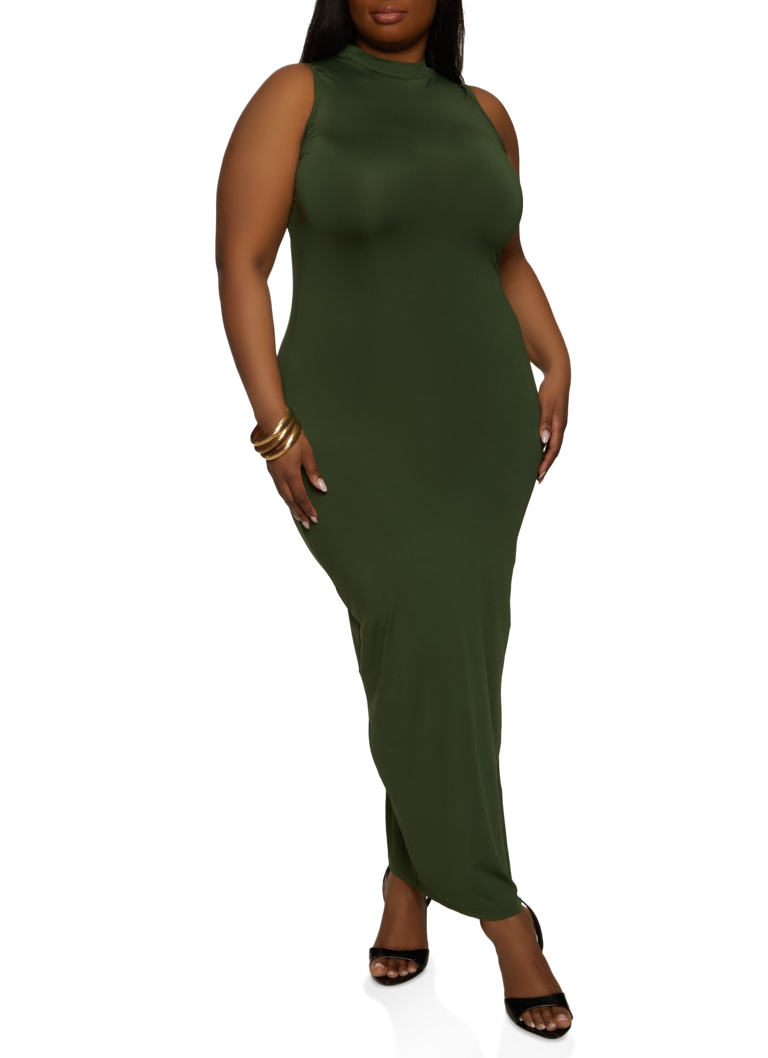 Womens Plus Size Daisy Sleeveless Mock Neck Maxi Dress, Green, Size 3X