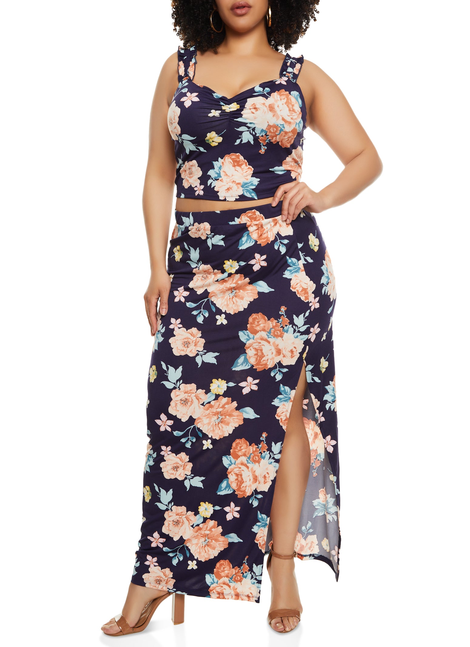 Womens Plus Size Haute Monde Floral Print Crop Top and Side Slit Maxi Skirt, Blue, Size 2X