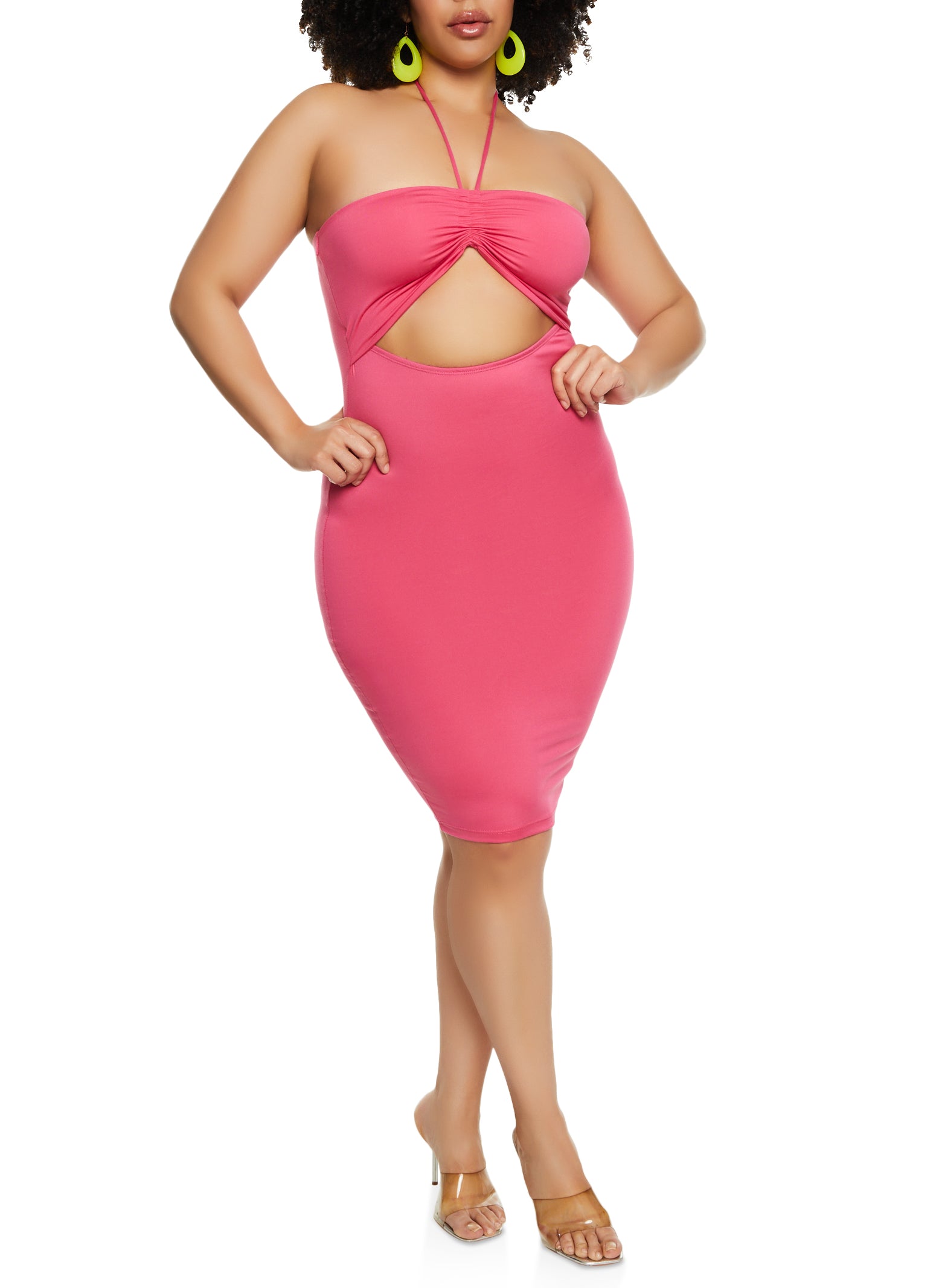 Womens Plus Size Almost Famous Cut Out Halter Dress, Pink, Size 1X