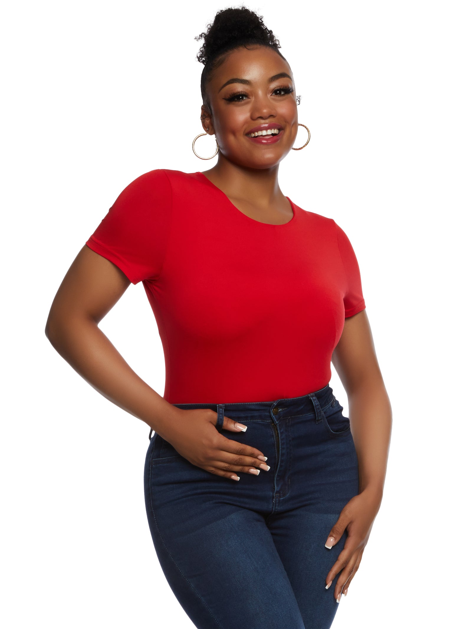 Womens Plus Size Daisy Double Layer Crew Neck Bodysuit, Red, Size 1X