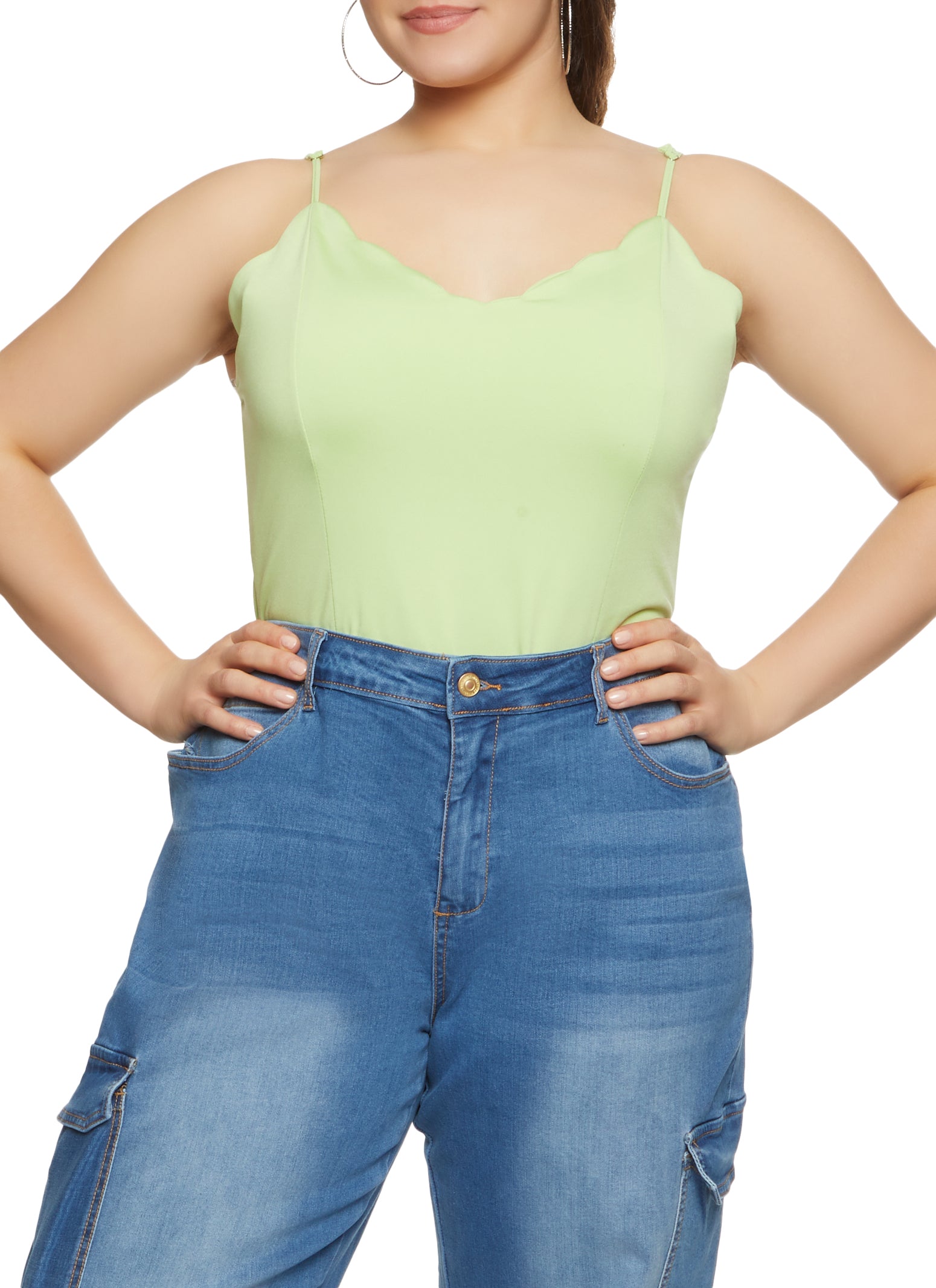 Womens Plus Size Scalloped Hem Cami Bodysuit, Green, Size 1X