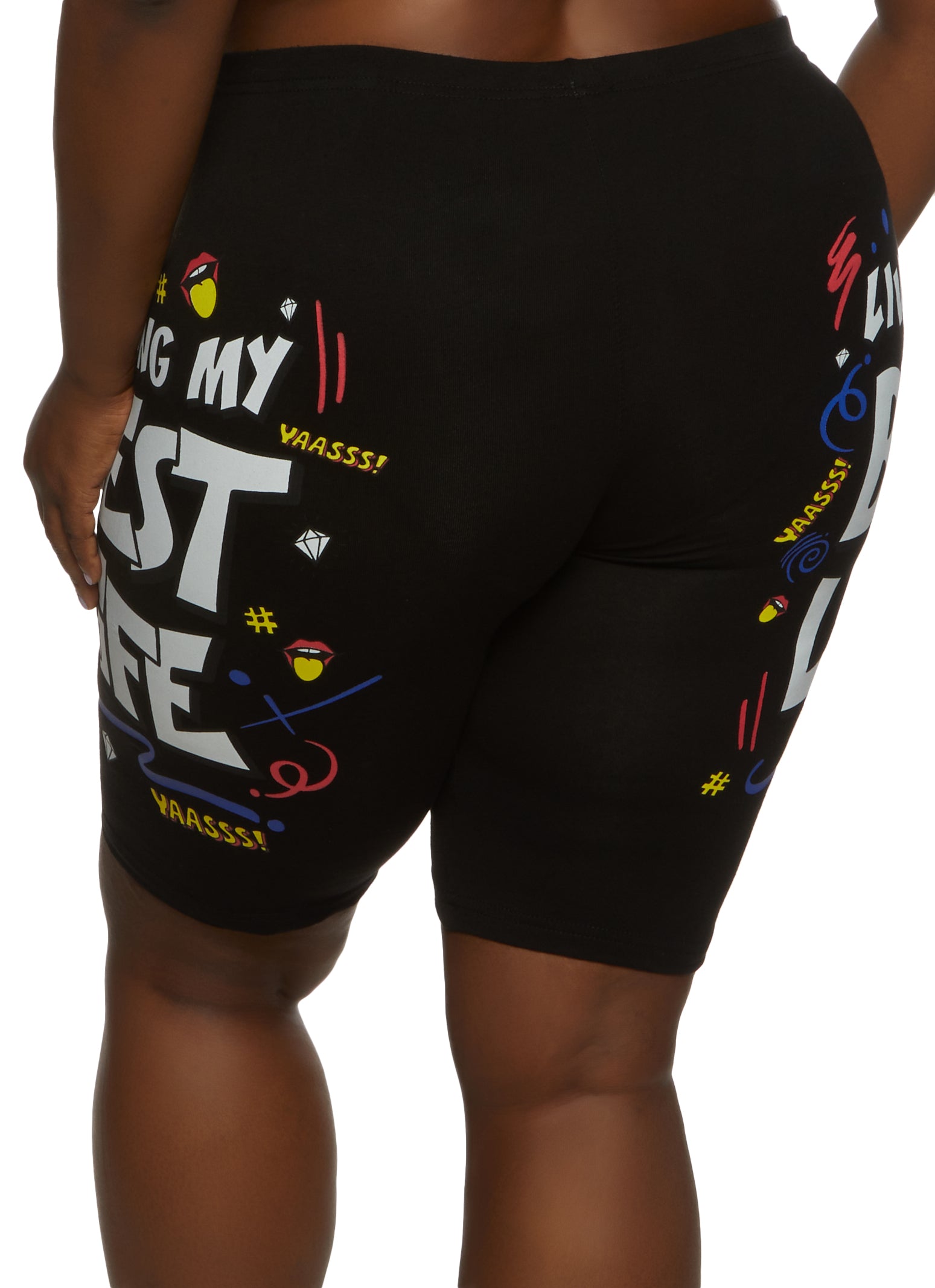 Womens Plus Size Living My Best Life Graphic Biker Shorts, Black, Size 2X