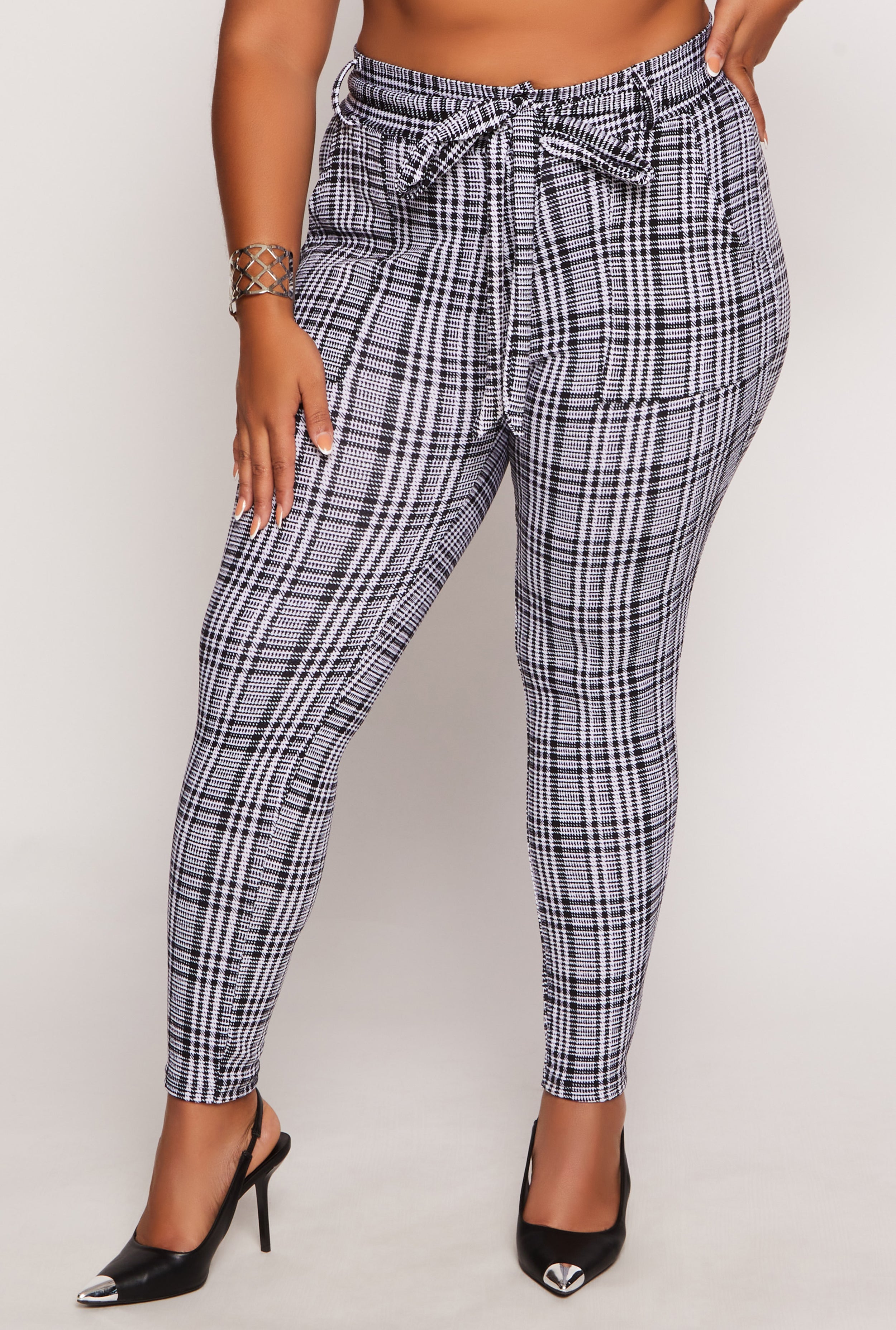 Womens Plus Size Plaid Tie Waist Belted Dress Pants, Multi, Size 3X