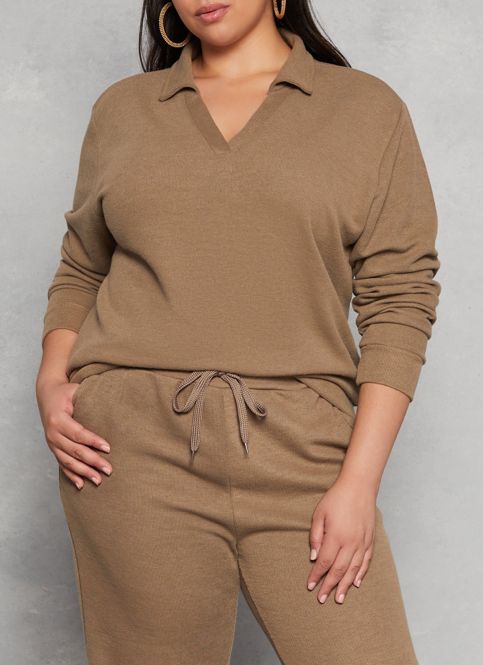 Womens Plus Size Brushed Knit Johnny Collar Sweatshirt, Brown, Size 3X