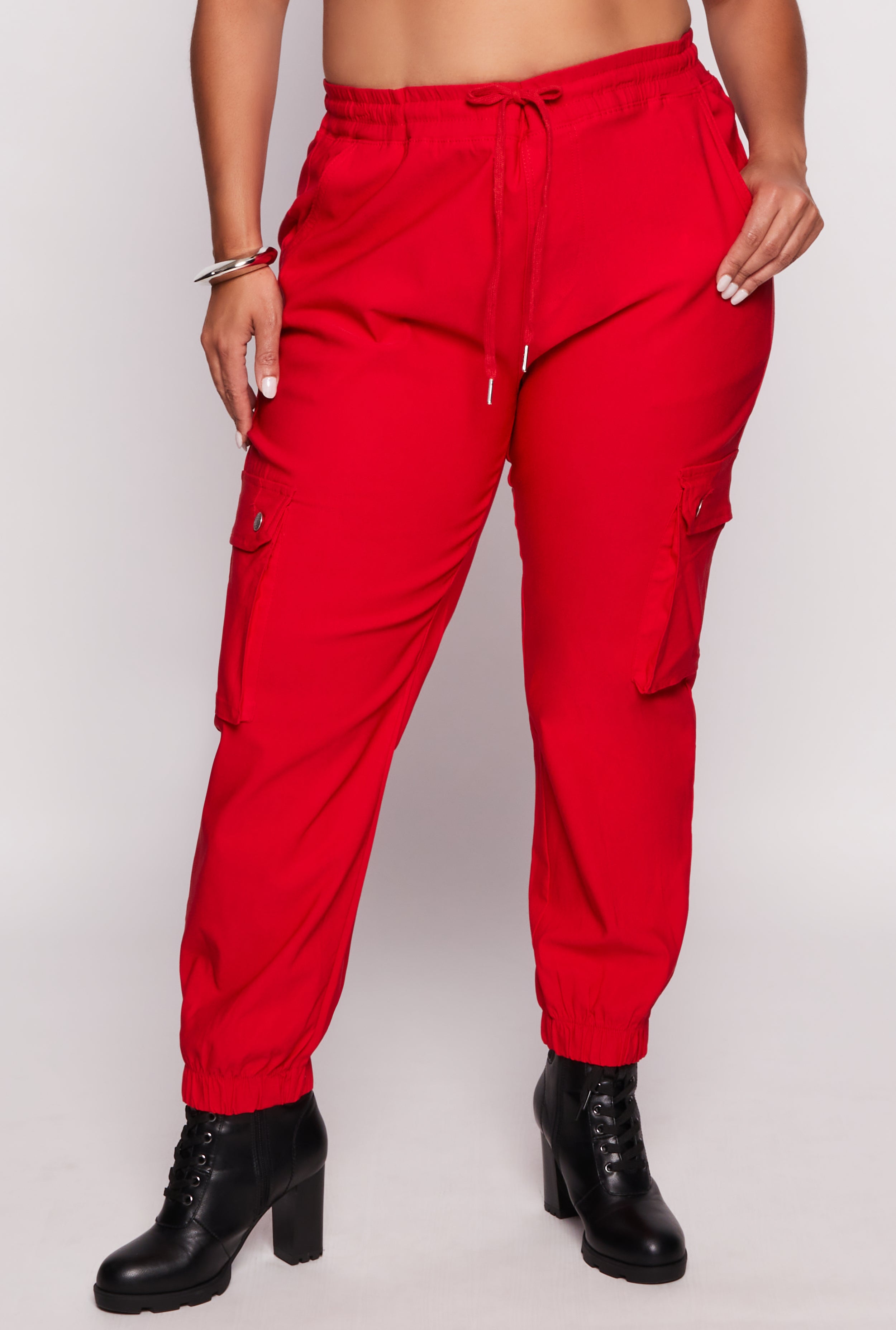 Womens Plus Size Twill Cargo Joggers, Red, Size 2X