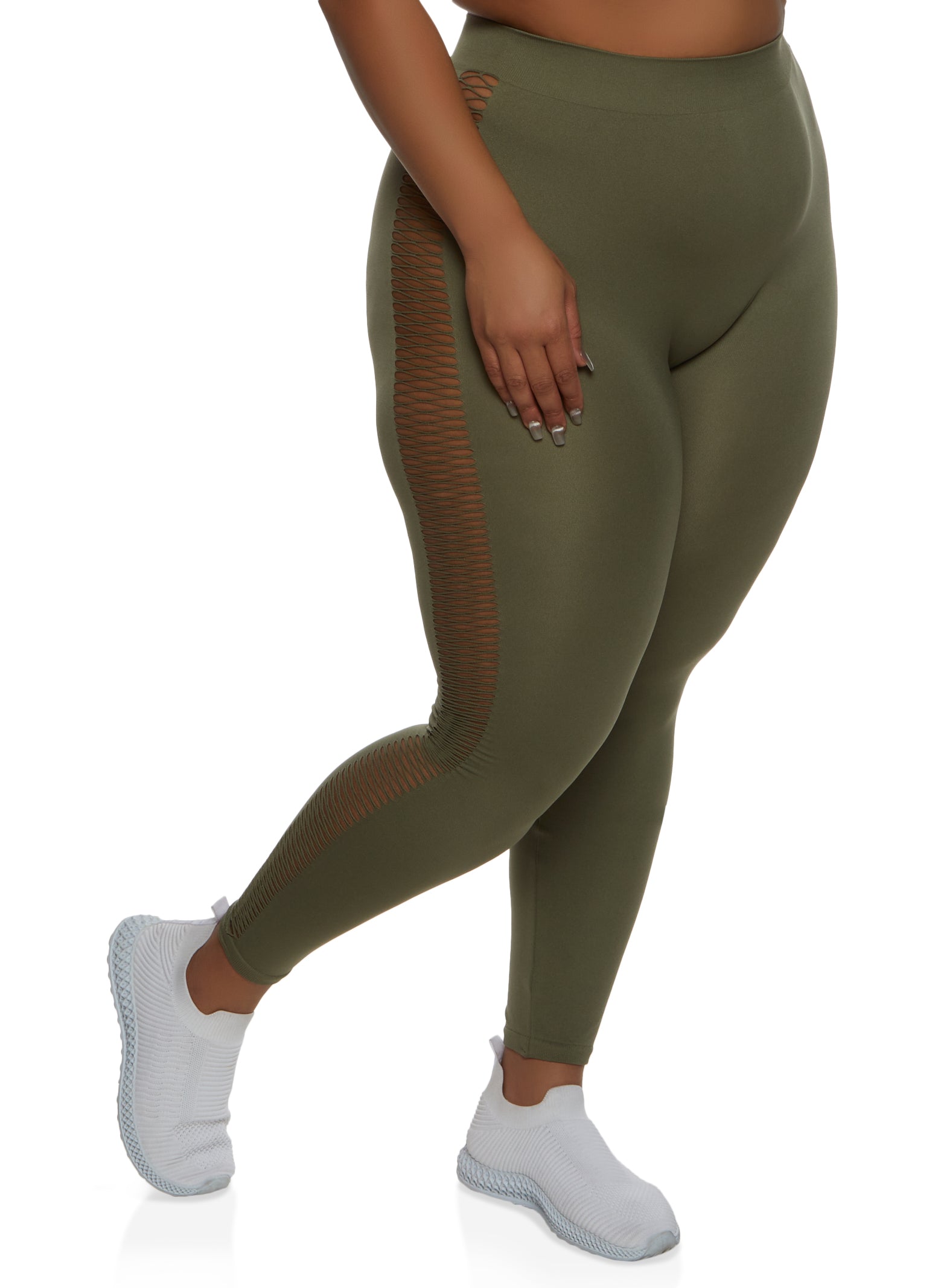 Plus Size Side Fishnet Detail Seamless Leggings - Olive