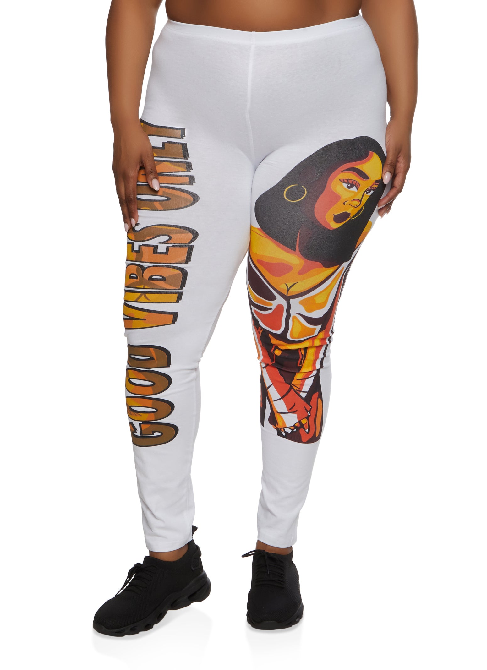 Rainbow Shops Womens Plus Size High Waist Good Vibes Only Graphic Leggings,  White, Size 2X