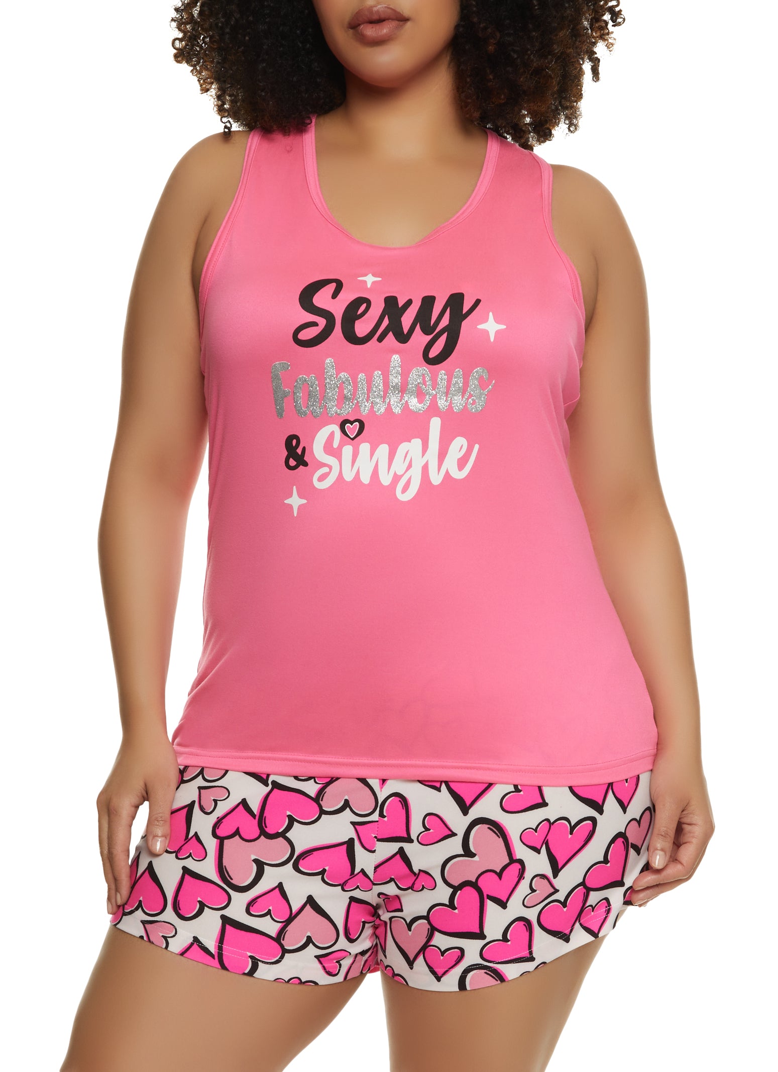 Womens Plus Size Sexy Fabulous and Single Pajama Tank Top and Shorts, Pink, Size 1X