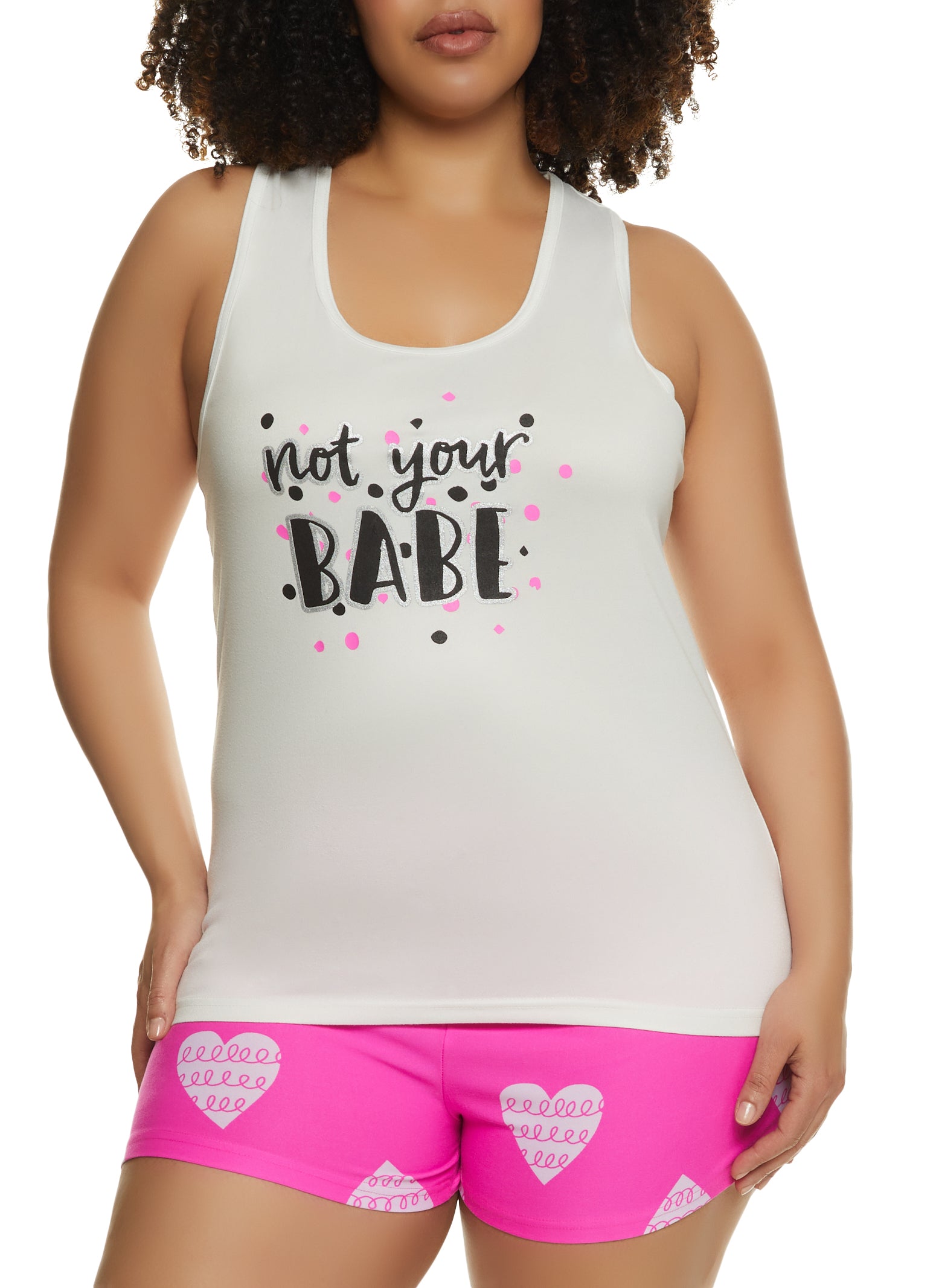 Womens Plus Size Not Your Babe Pajama Tank Top and Shorts, White, Size 1X