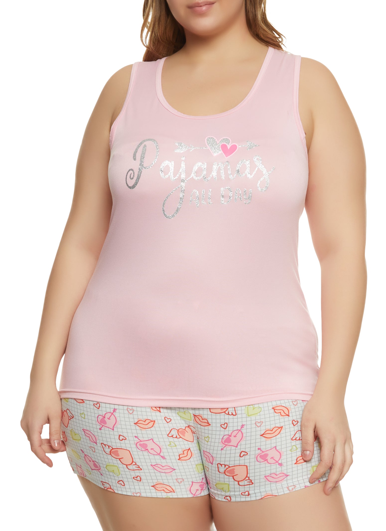 Womens Plus Size Pajamas All Day Graphic Tank Top and Shorts, Pink, Size 1X