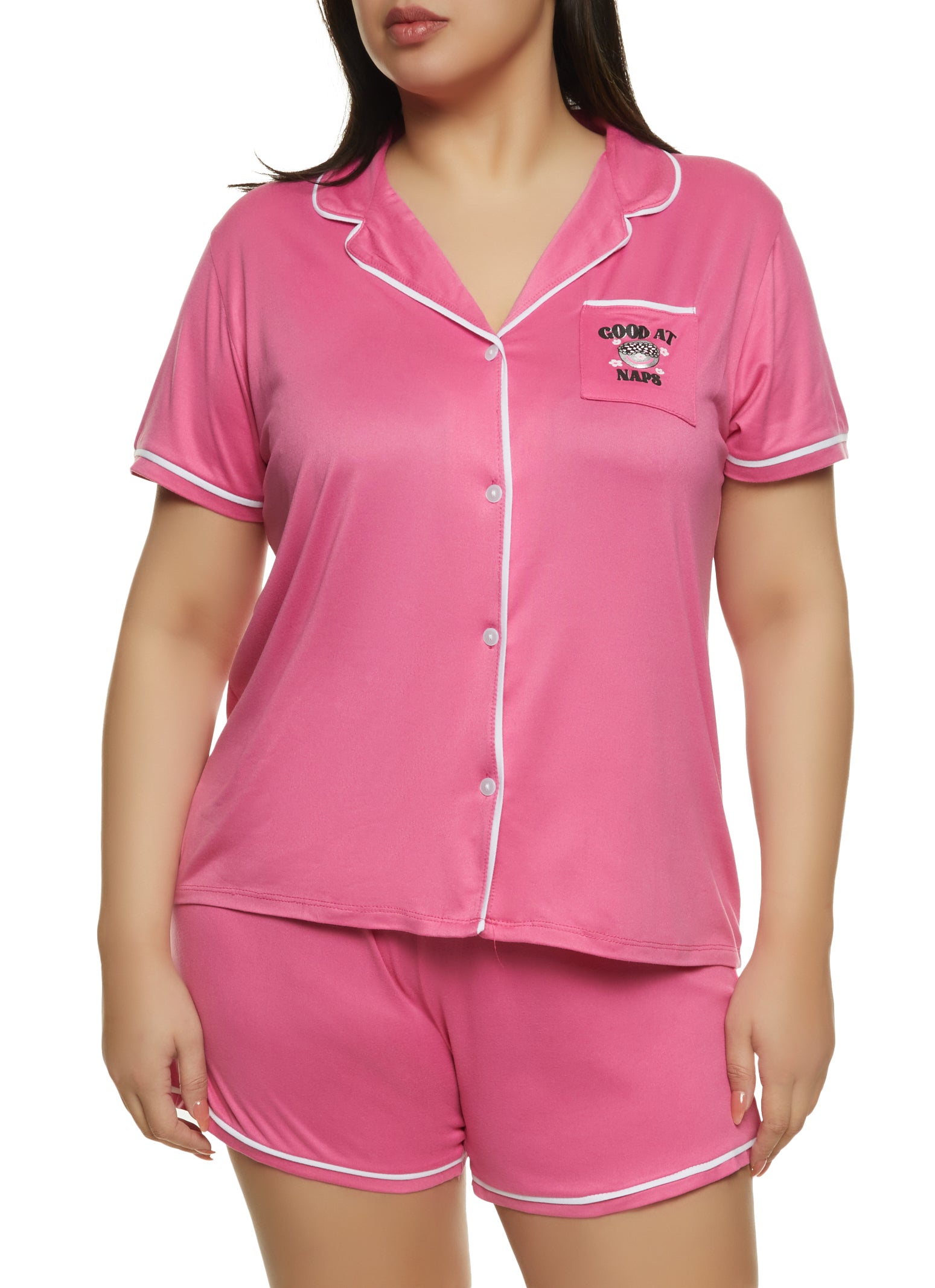 Womens Plus Size Good At Naps Pajama Shirt and Shorts Set, Pink, Size 1X