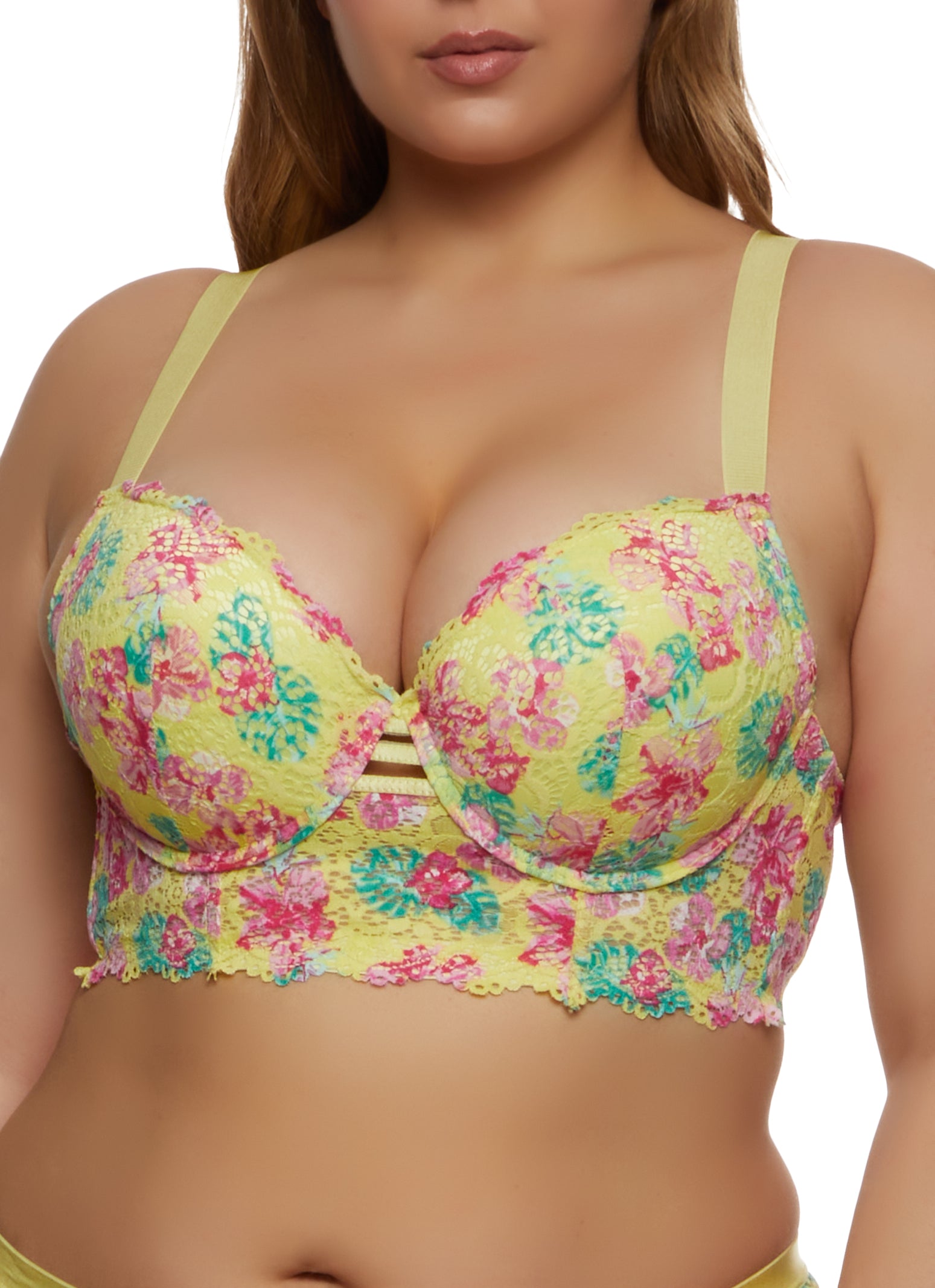 Rainbow Shops Womens Plus Size Floral Print Caged Front Lace Longline  Plunge Bra, Yellow, Size 44D