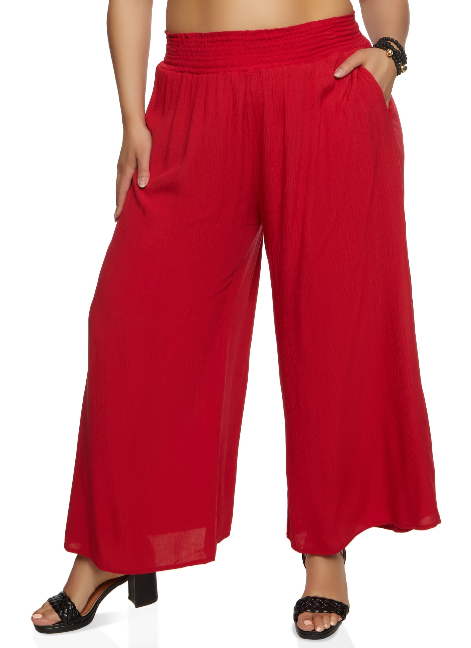 Womens Plus Size Smocked Waistband Wide Leg Pants, Red, Size 1X