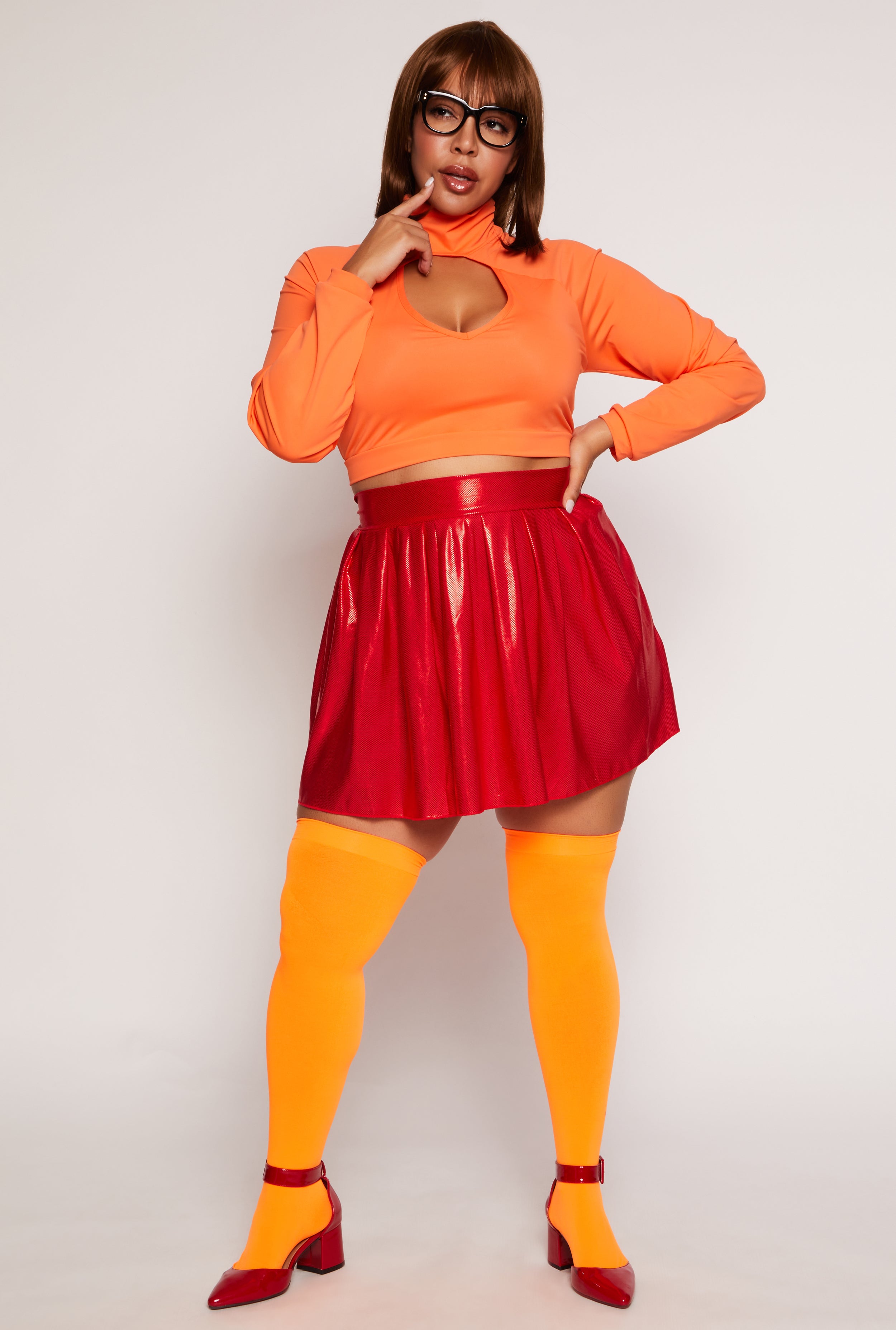 Womens Plus Size Sexy Smarty Detective Costume with Wig, Orange, Size 3X