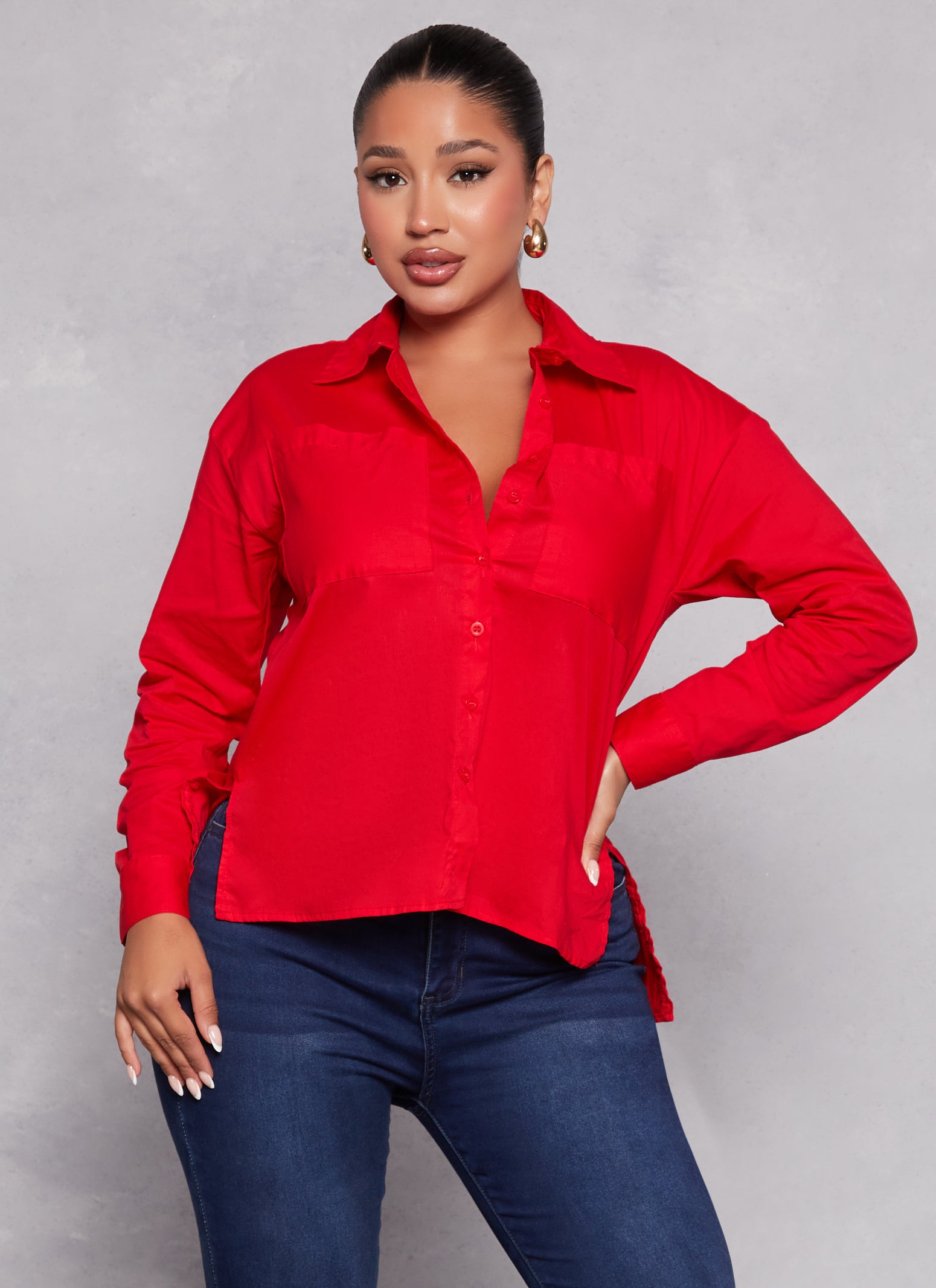 Womens Button Front Cuffed Sleeve Shirt,