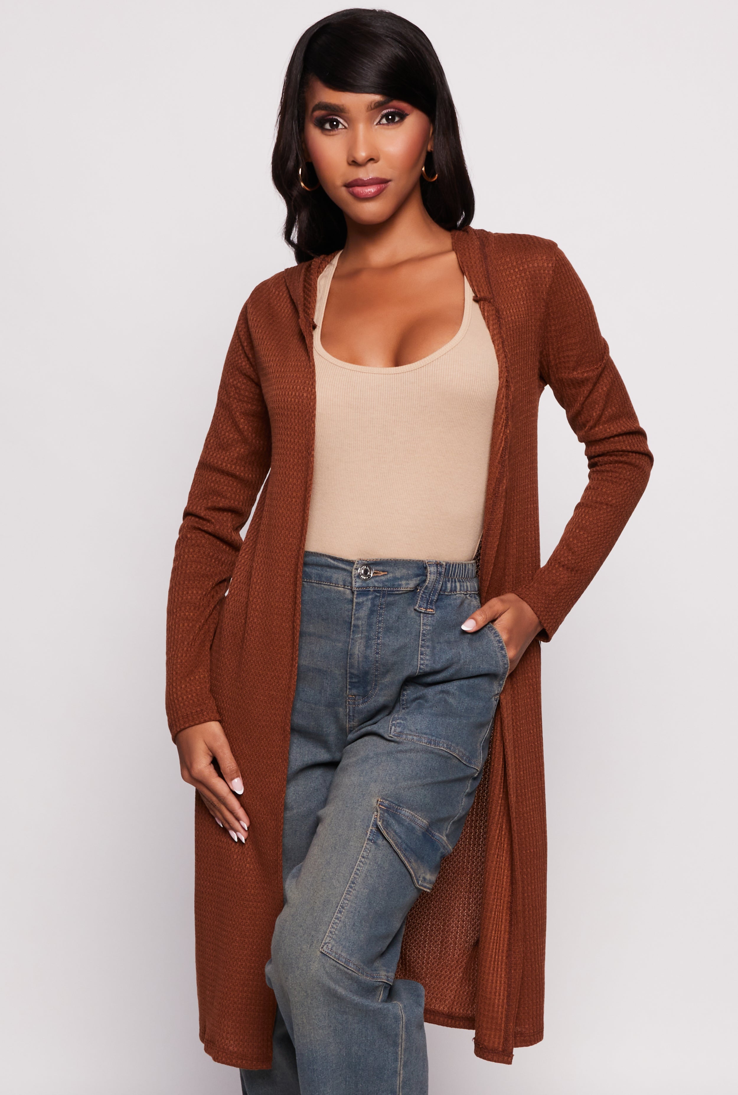 Womens Waffle Knit Hooded Duster,