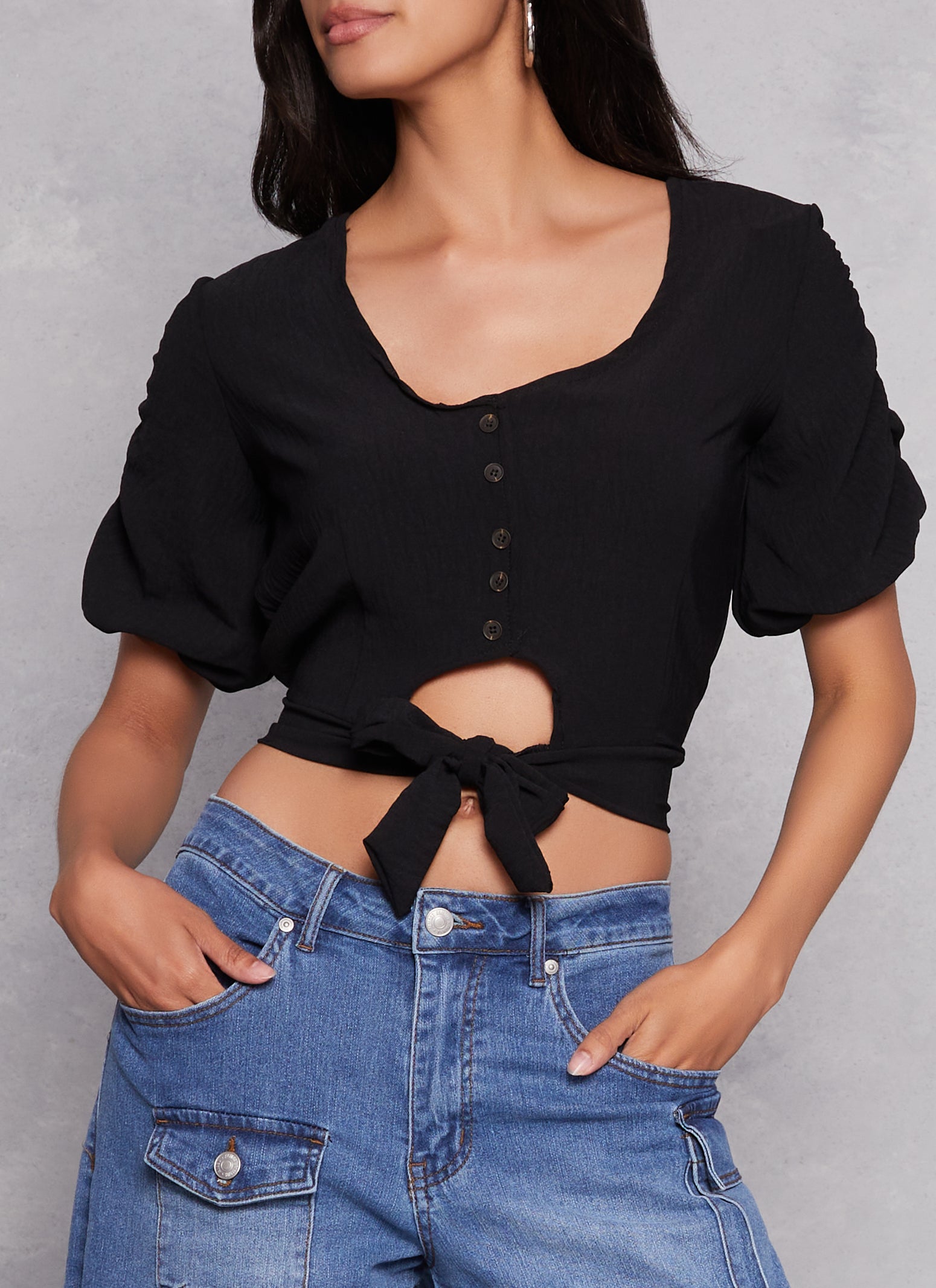 Womens Puff Sleeve Cut Out Button Front Top,