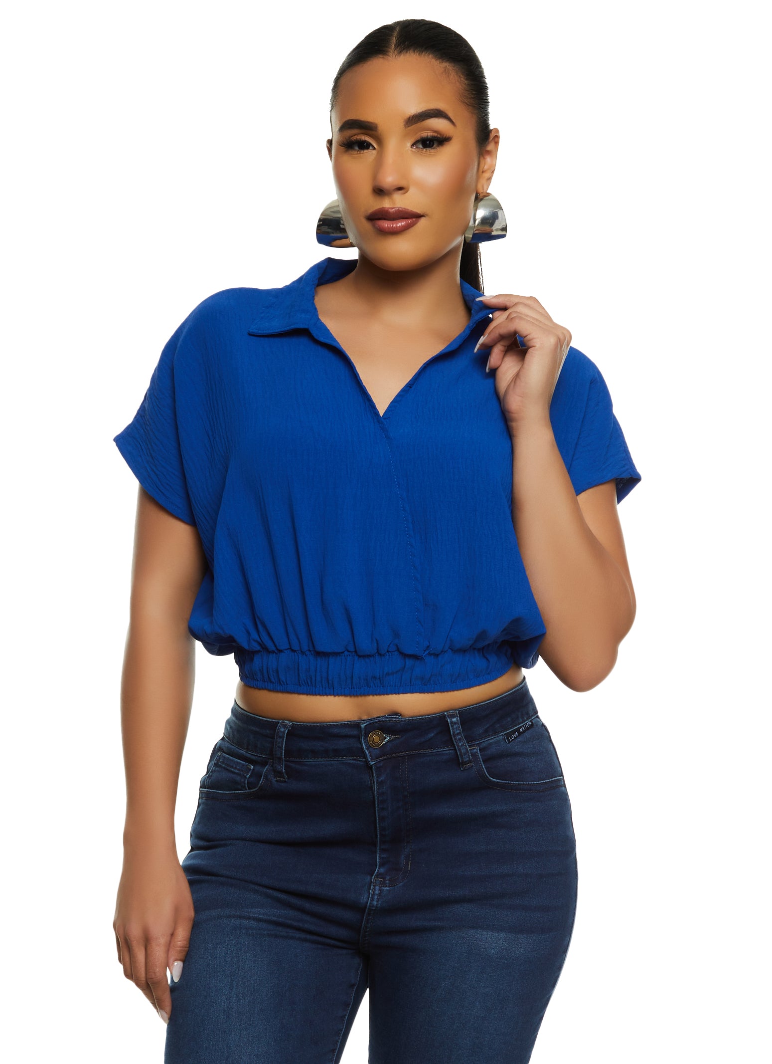 Womens Gauze Knit Elastic Waist Short Sleeve Cropped Shirt, Blue, Size L