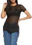 Crew Neck Slit Mesh Striped Print Short Sleeves Sleeves Tunic