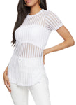 Short Sleeves Sleeves Slit Mesh Striped Print Crew Neck Tunic