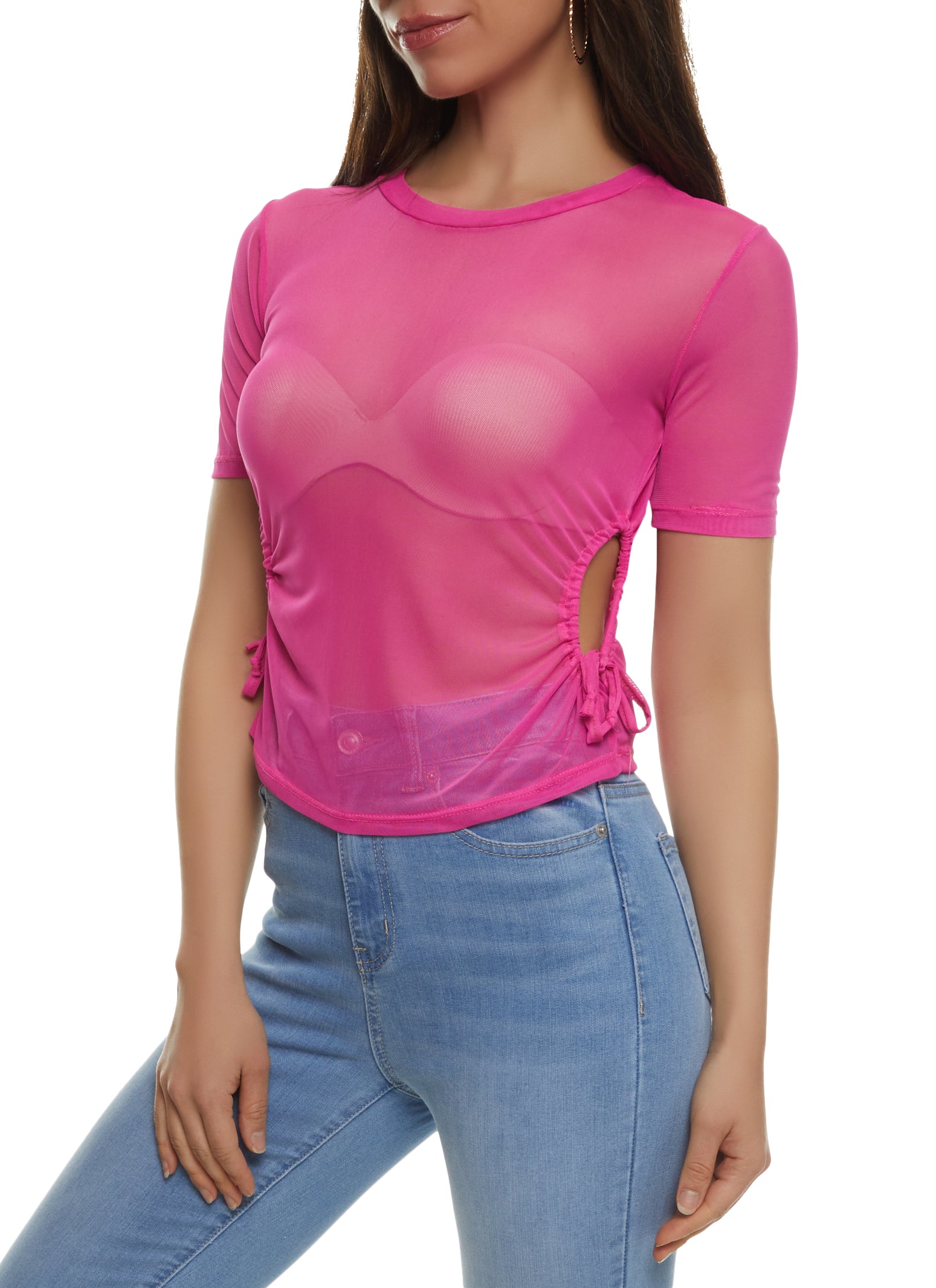 Womens Mesh Cut Out Side Short Sleeve Top,