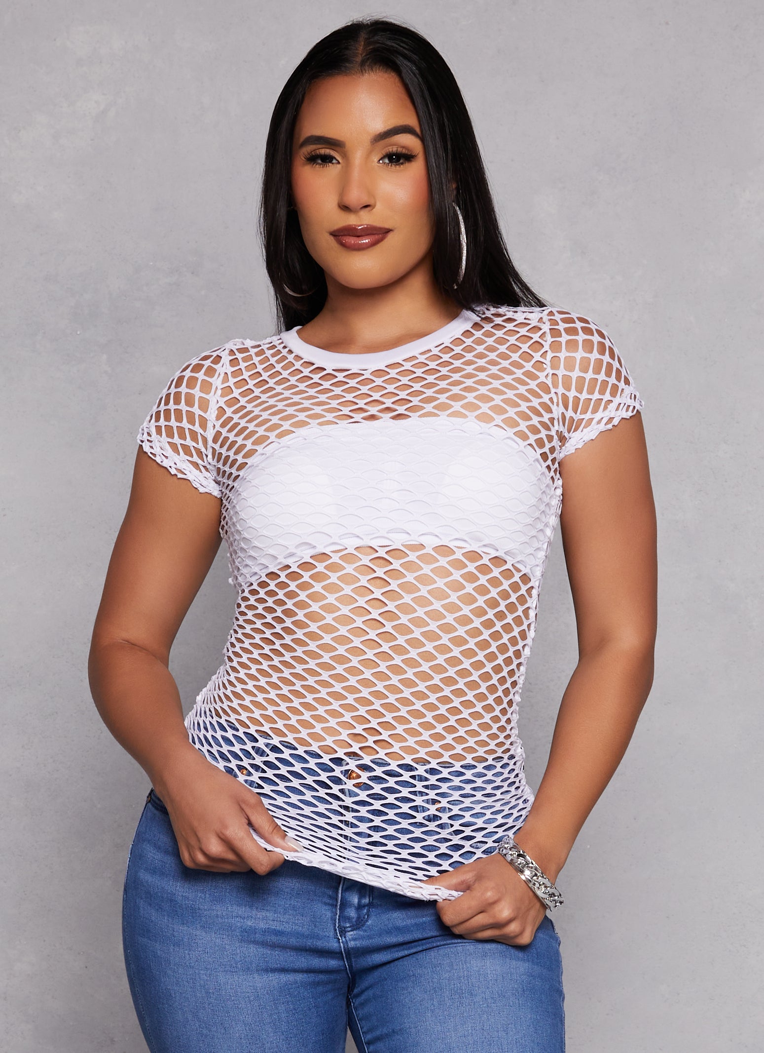 Womens Fishnet Crew Neck Top, White, Size XL