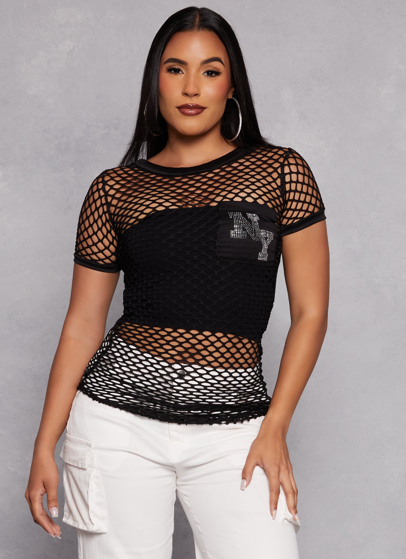 Womens NY Rhinestone Pocket Fishnet Top,