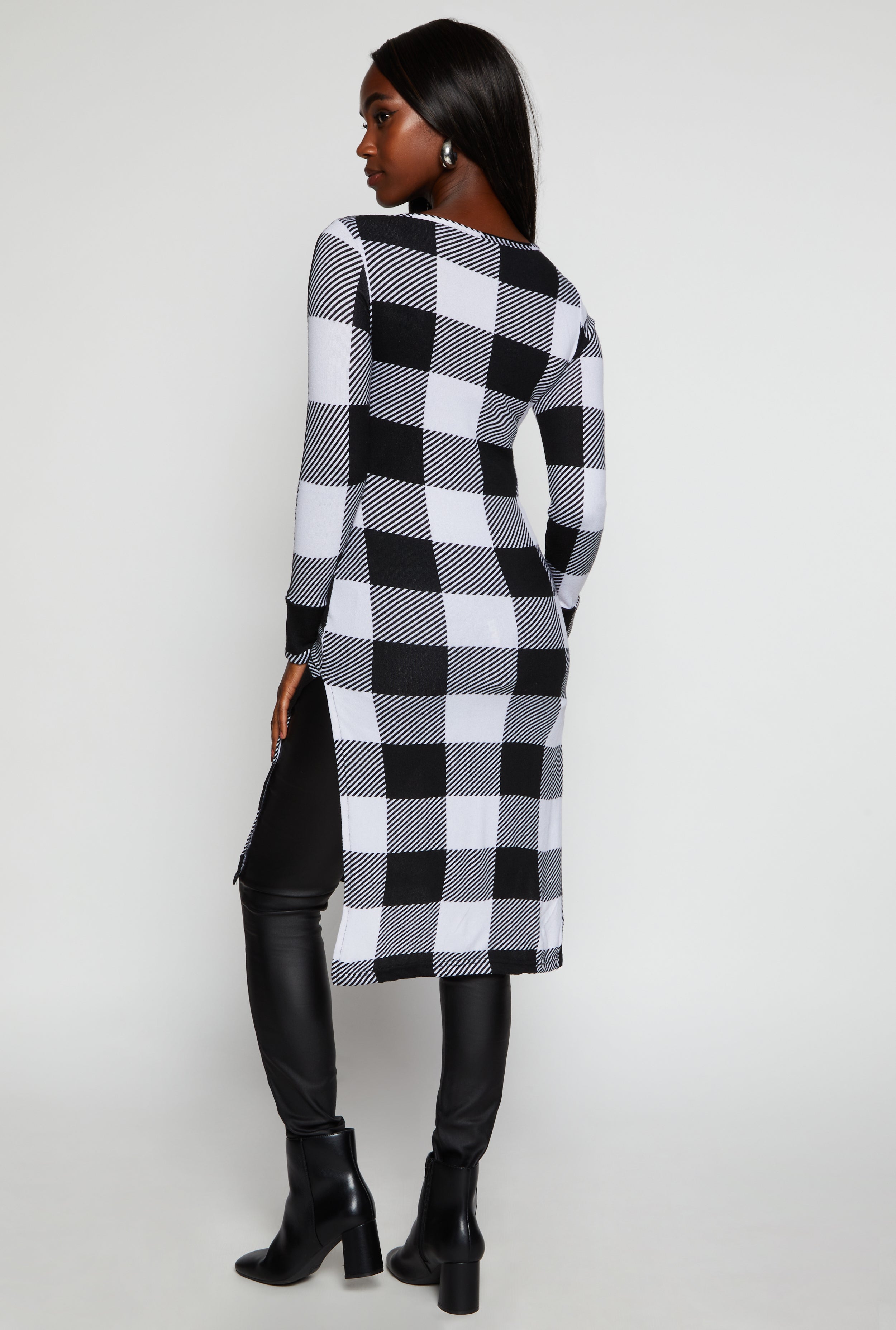 Womens Plaid Side Slit Long Sleeve Tunic Top,