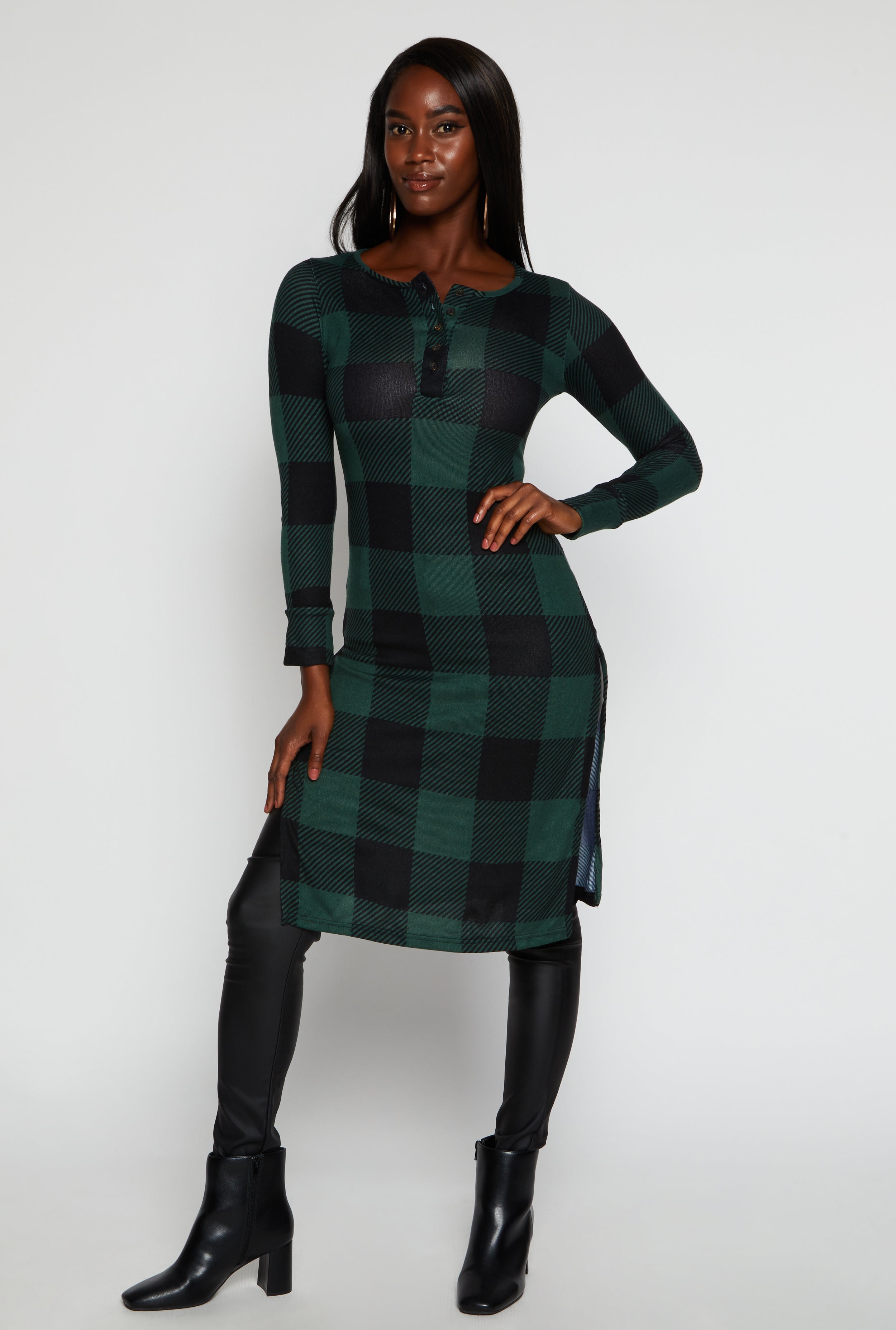 Womens Plaid Side Slit Long Sleeve Tunic Top,