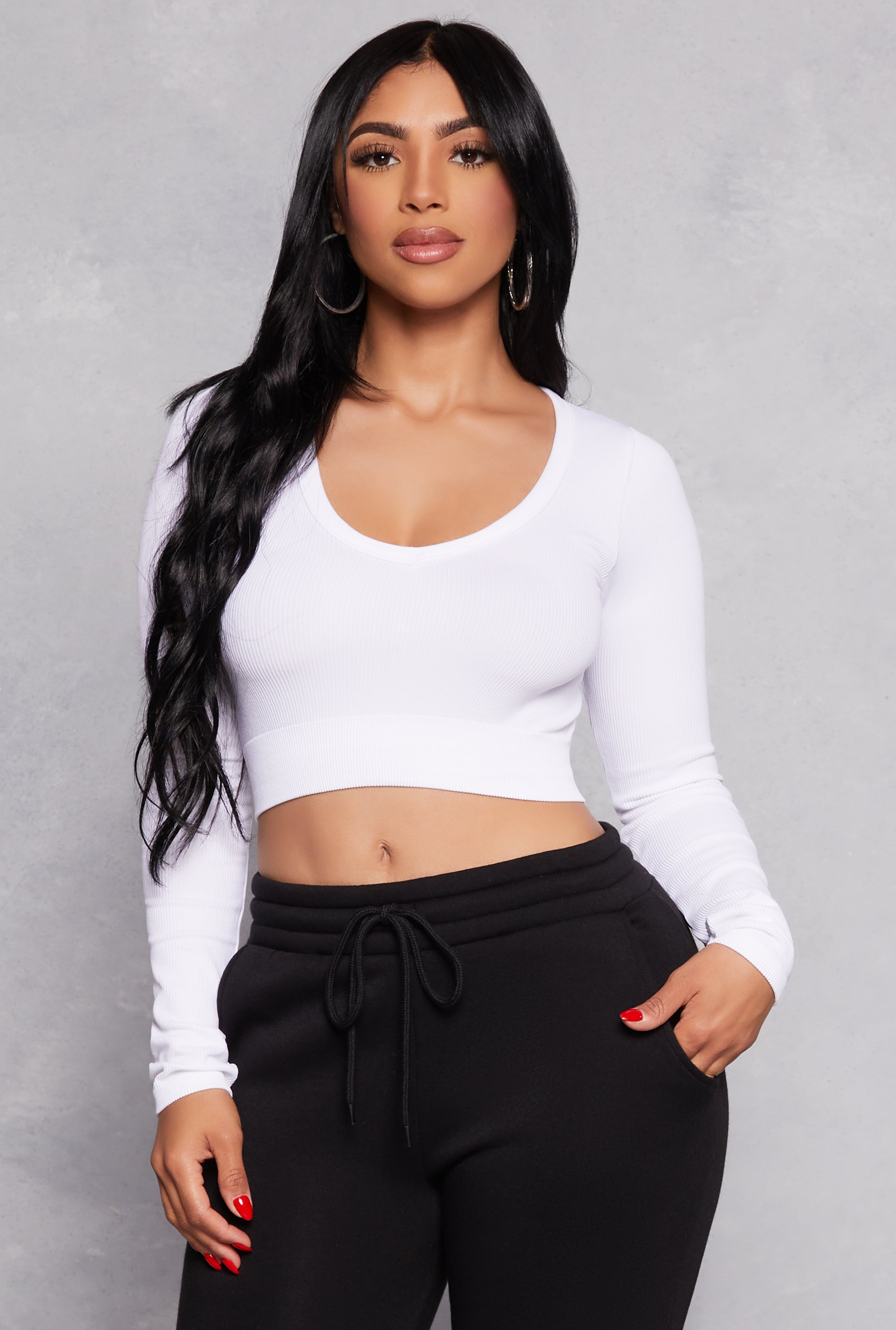 Womens Seamless Ribbed Knit Long Sleeve Crop Top, White, Size S-M