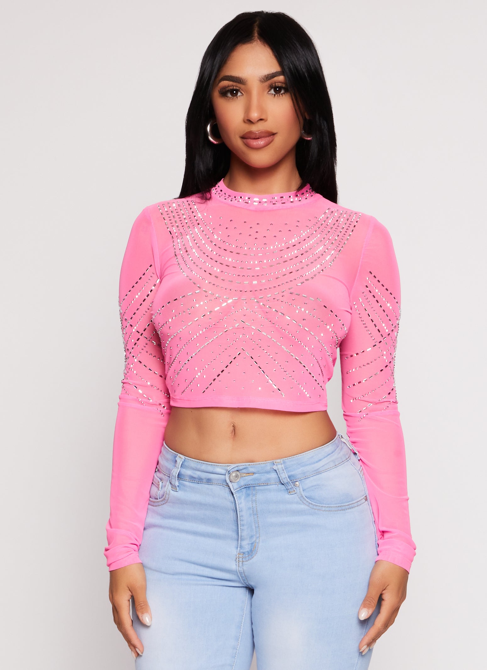 Womens Mesh Rhinestone Mock Neck Crop Top, Pink, Size S