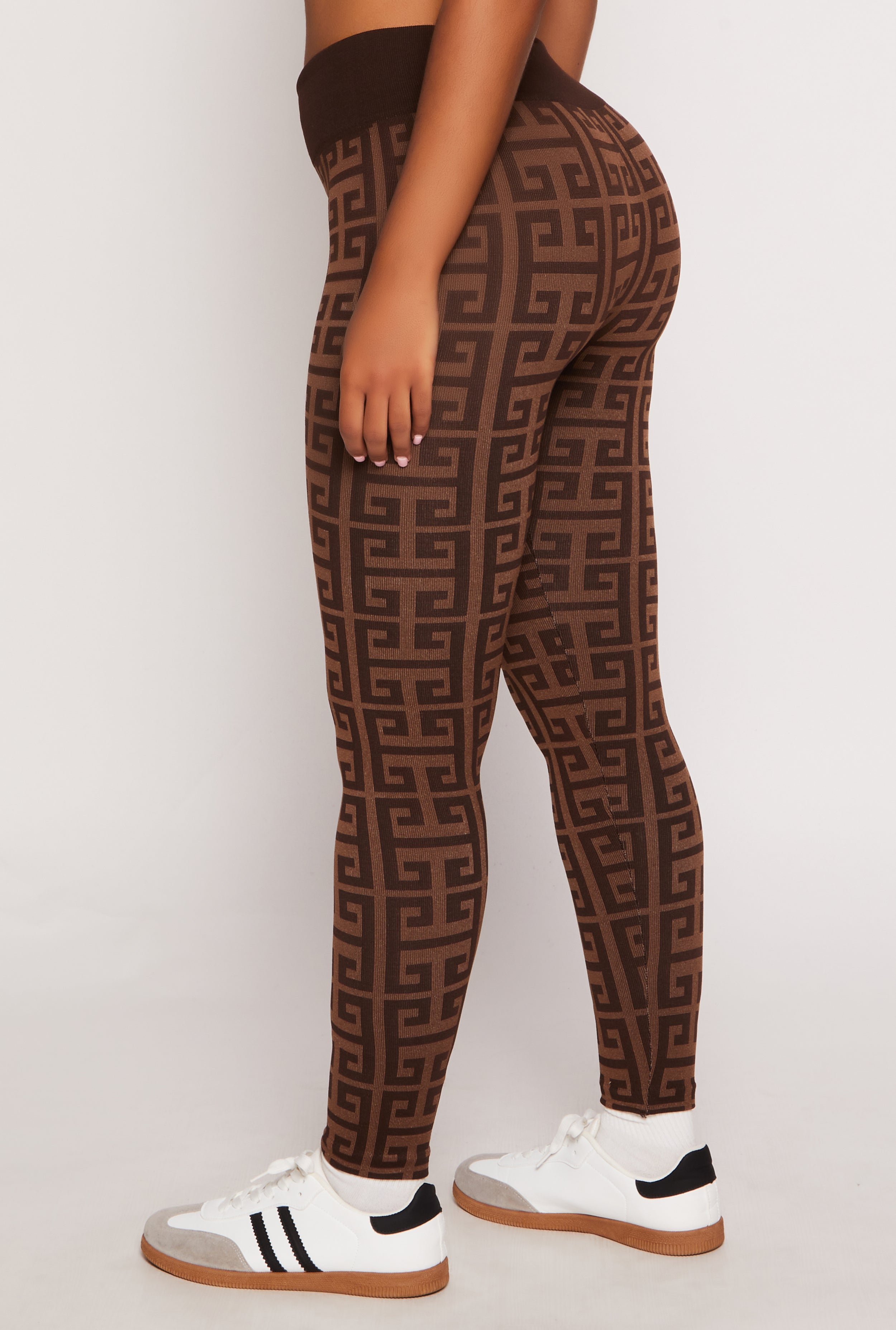 Womens Seamless Greek Key Print High Waisted Leggings, Brown, Size S-M