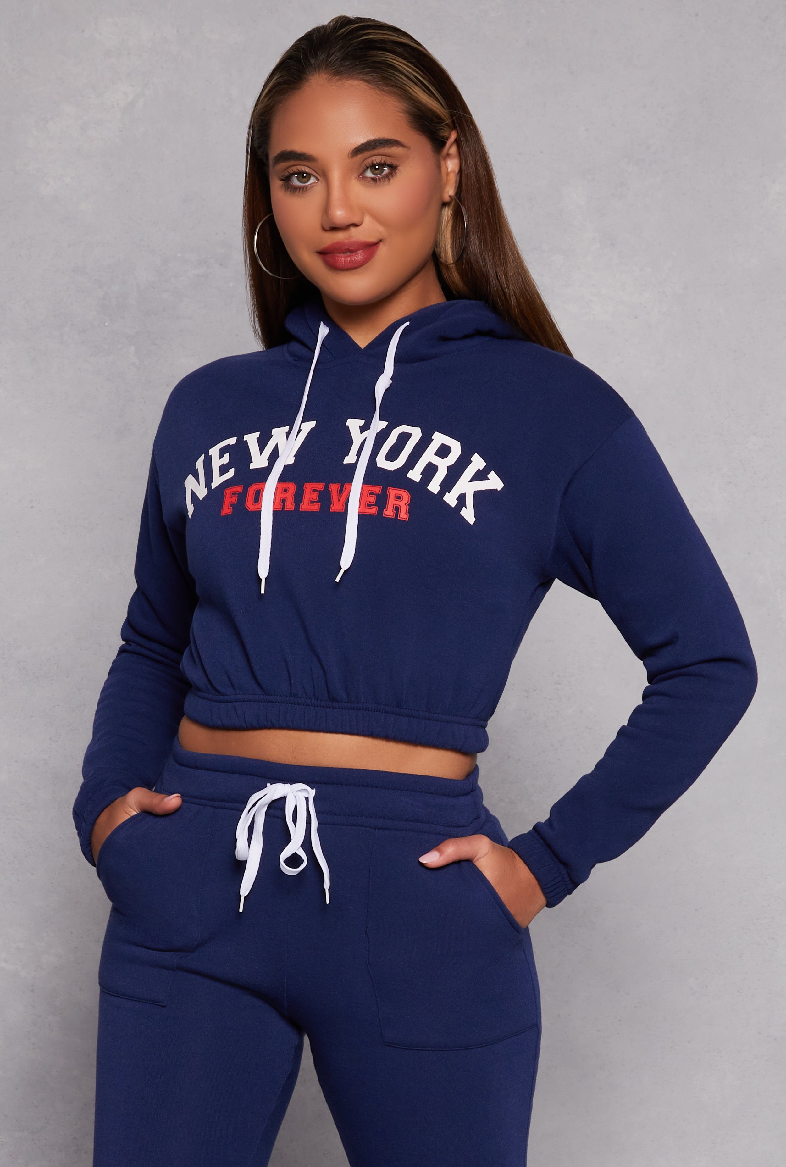 Womens New York Forever Graphic Cropped Hoodie,