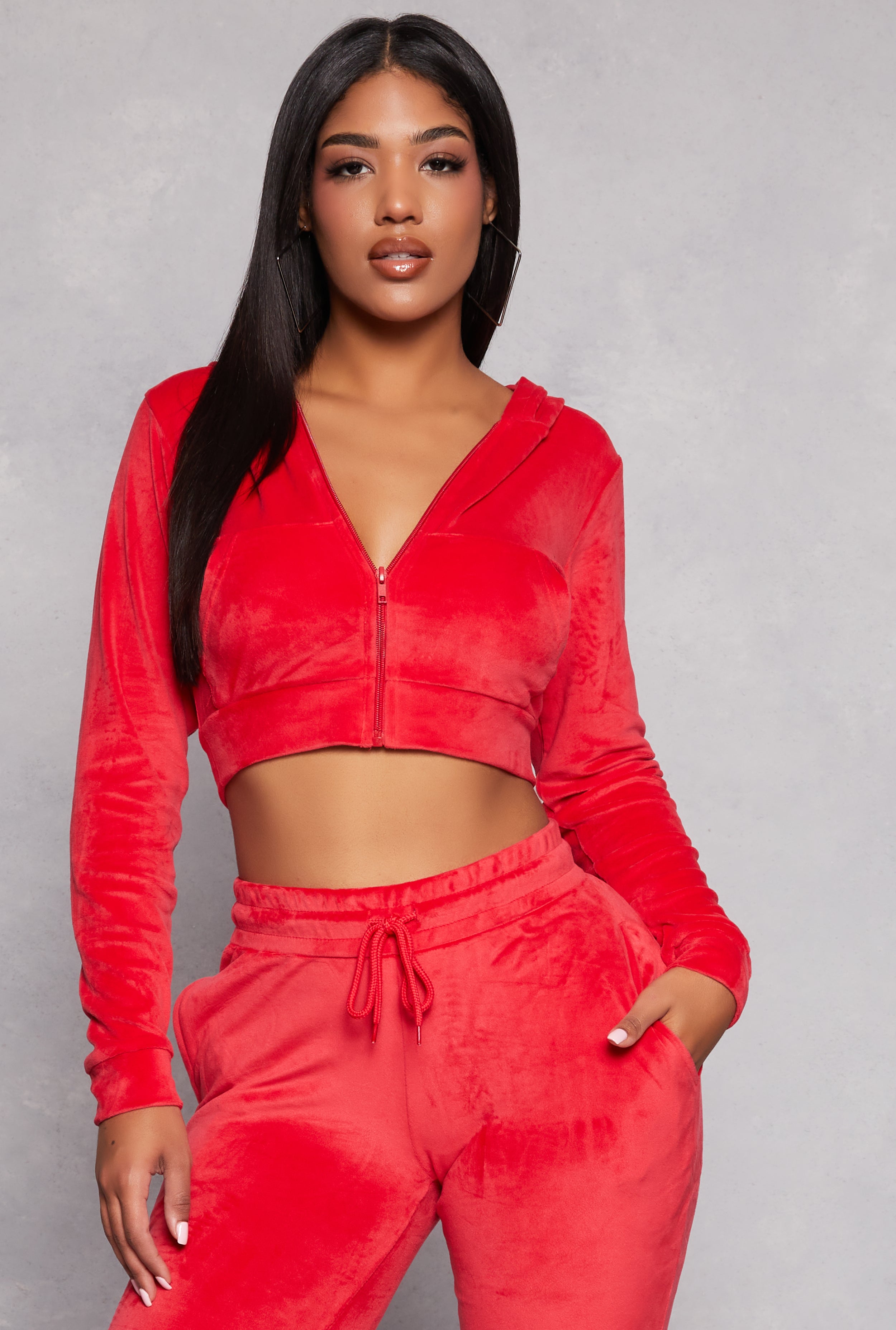 Womens Velour Cropped Zip Front Hoodie, Red, Size M