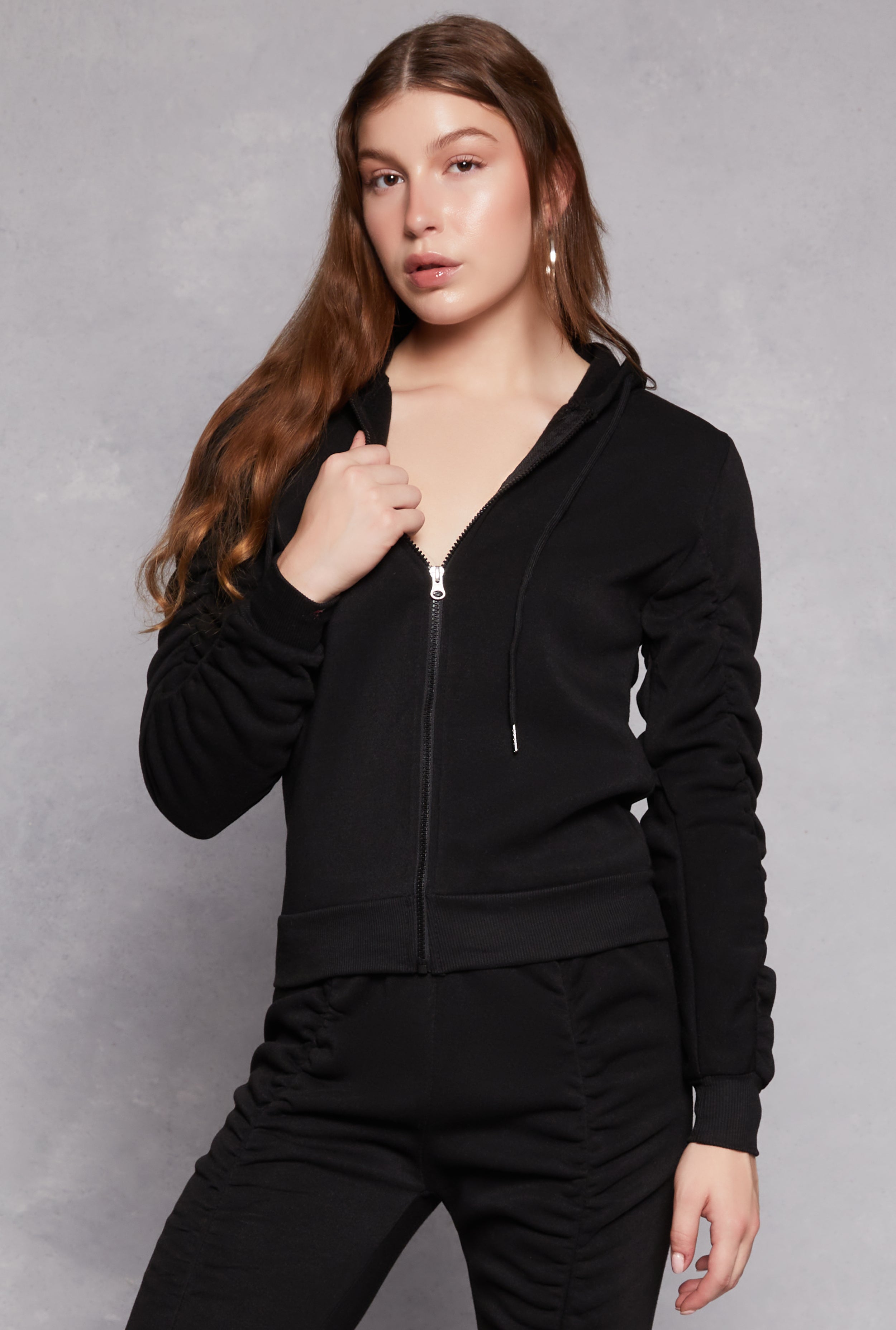 Womens Ruched Sleeve Zip Front Hoodie,