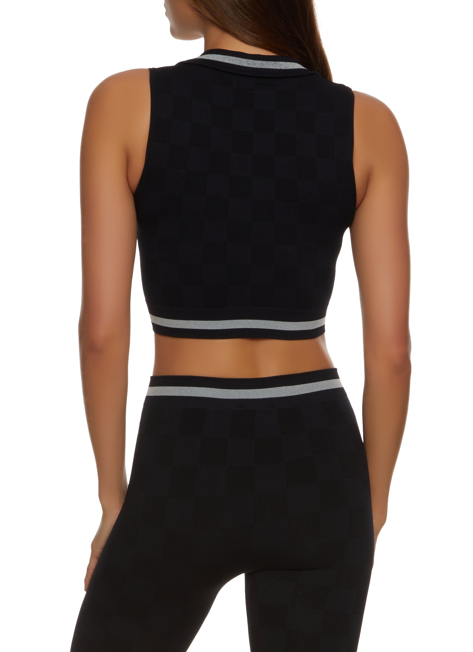 Womens Checkered Print Seamless Cropped Tank Top, Black, Size S-M