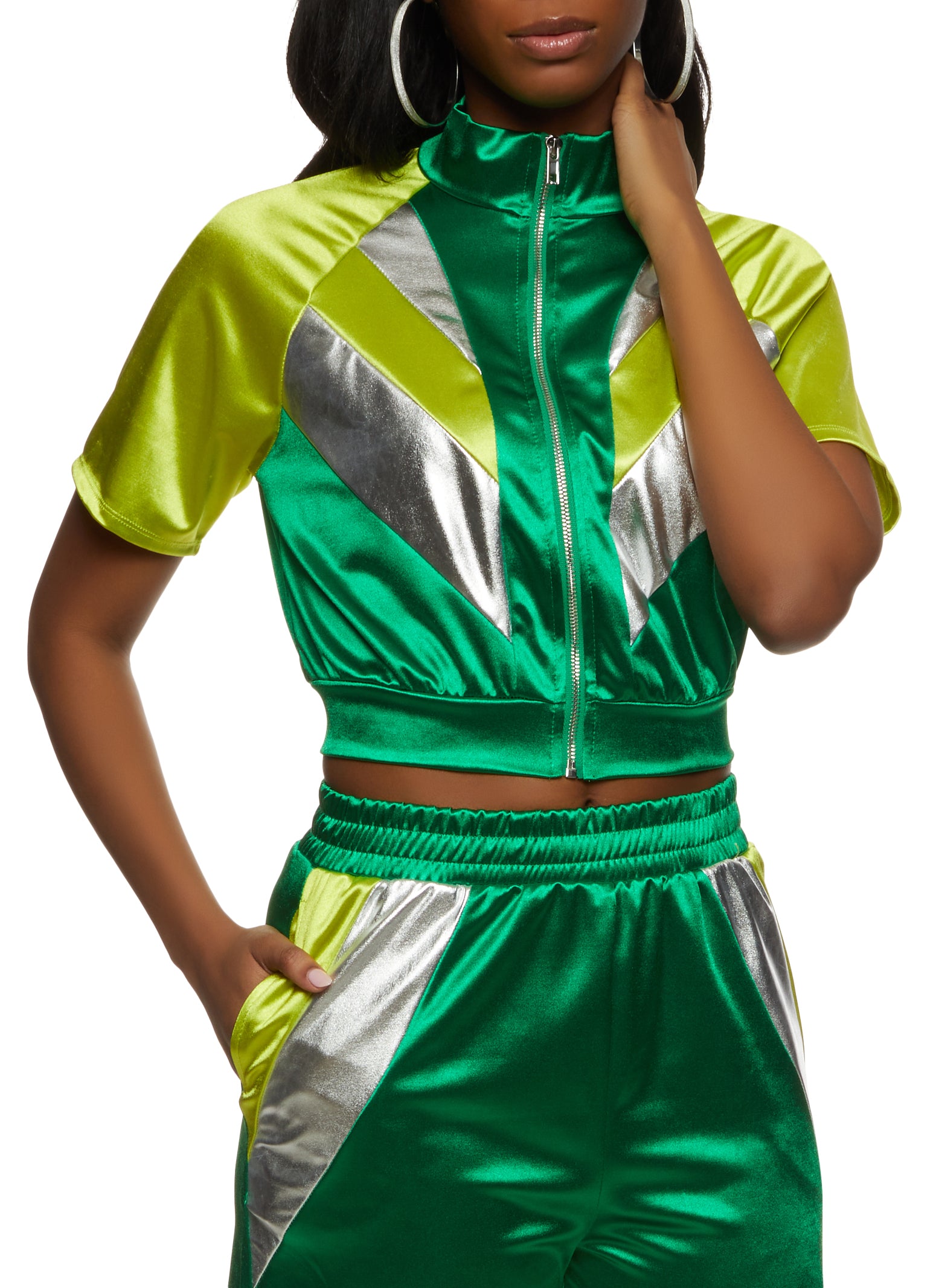 Womens Short Sleeve Color Block Zip Front Crop Top, Green, Size M