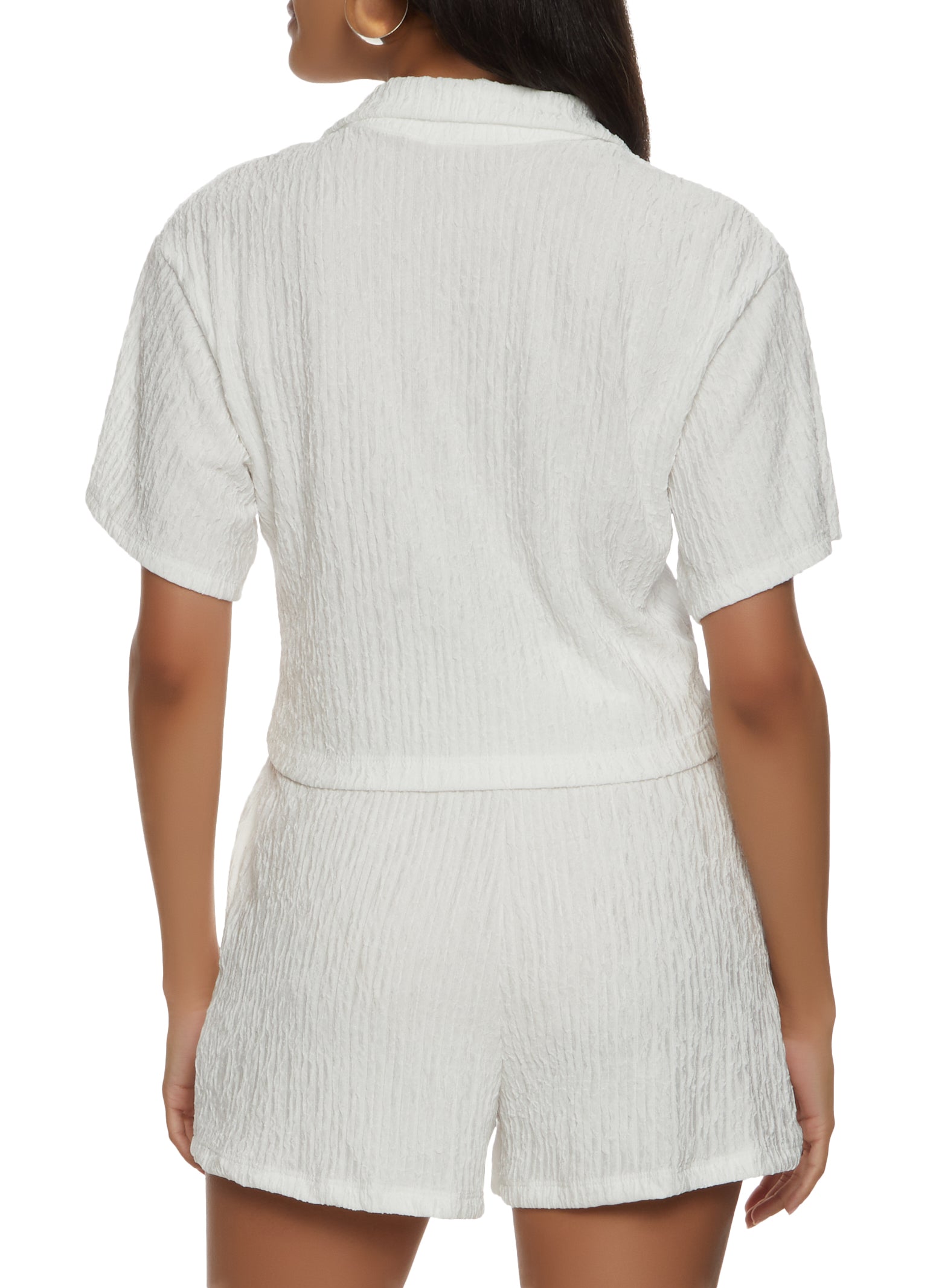 Womens Textured Knit Cropped Button Front Shirt, White, Size L
