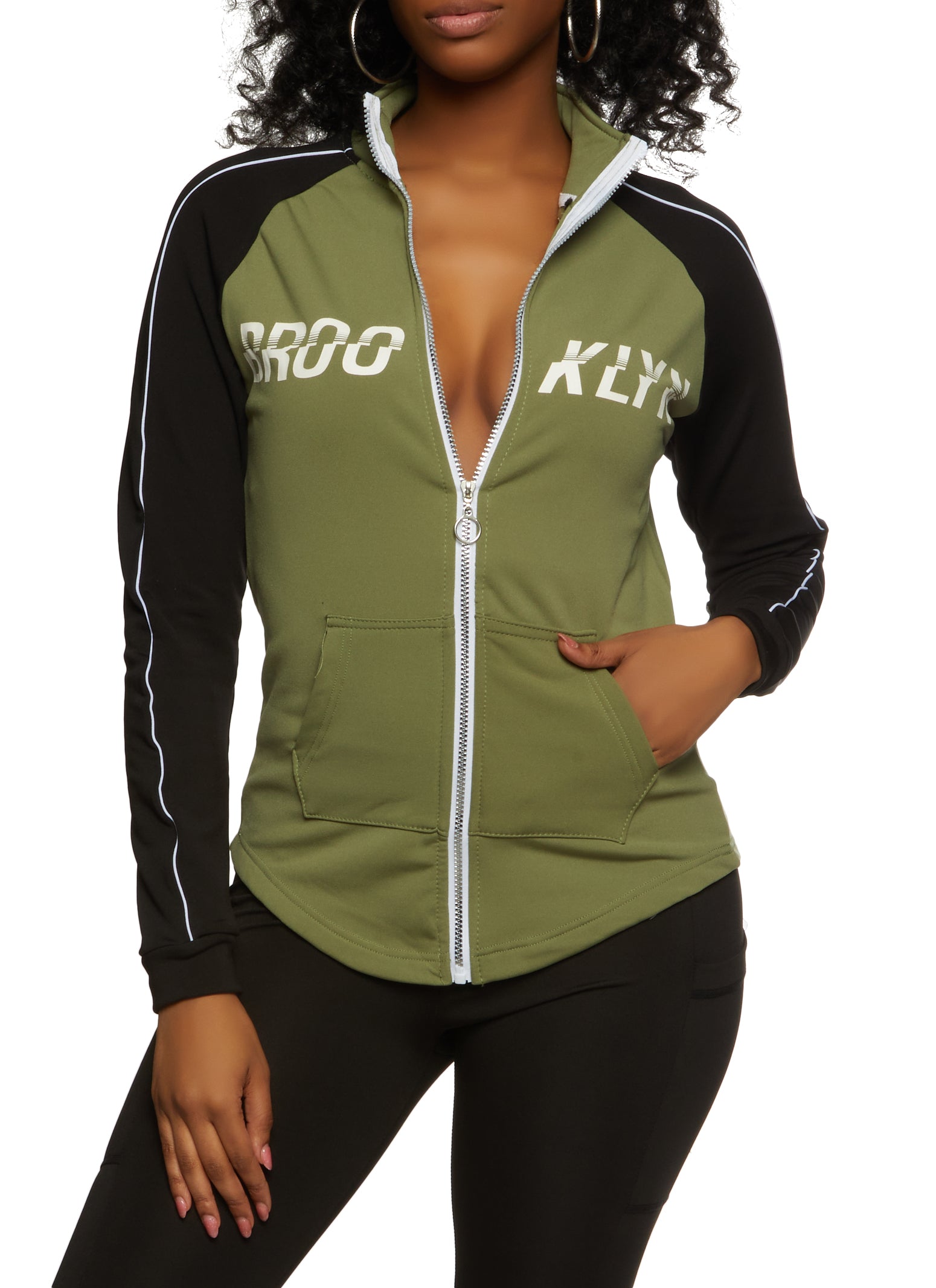 Womens Brooklyn Color Block Zip Front Track Jacket, Green,